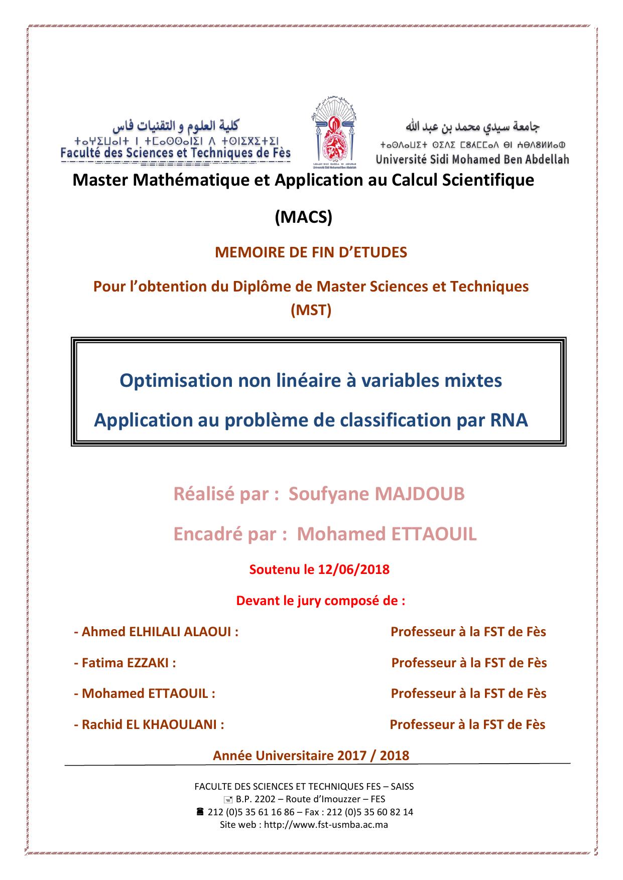 Optimisation non linéaire à variables mixtes Application au problème de classification par RNA