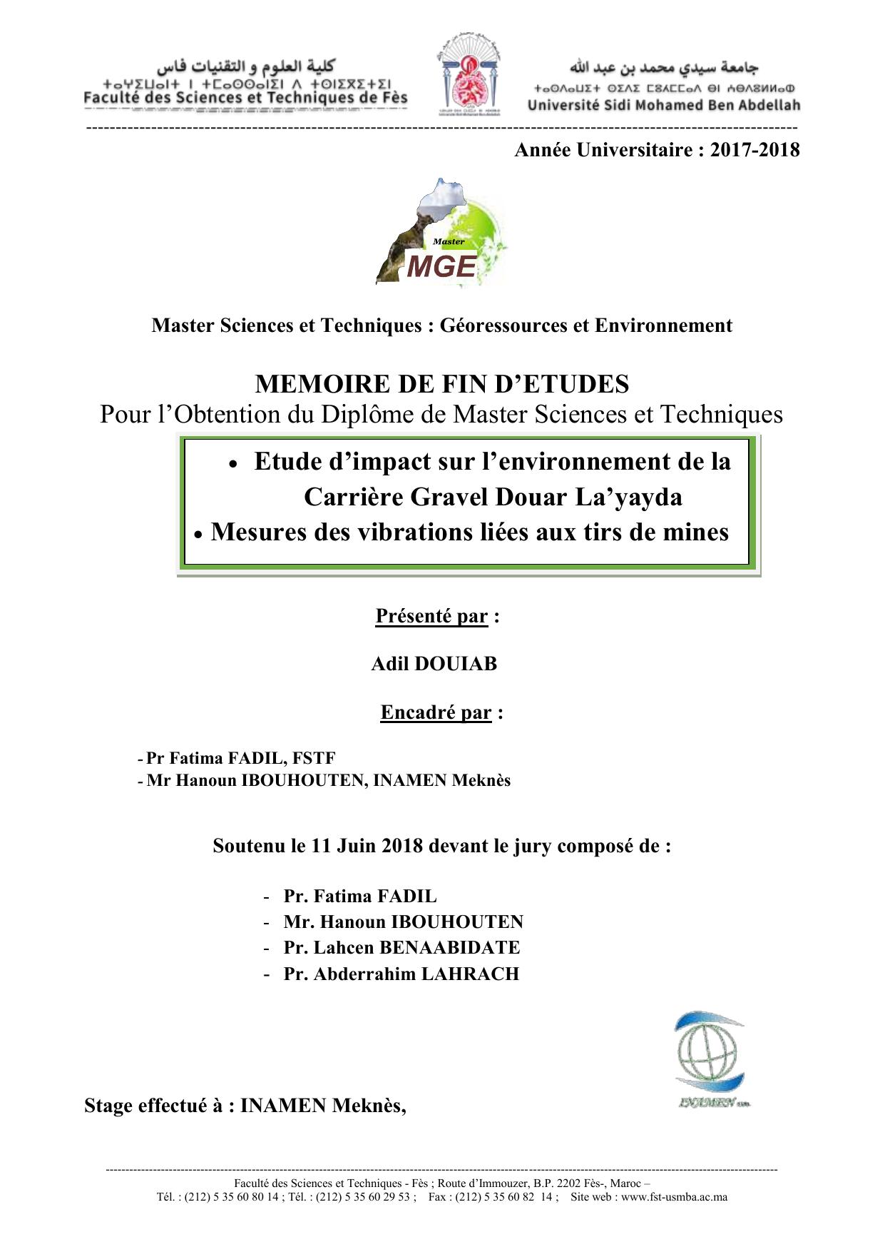 Etude d’impact sur l’environnement de la Carrière Gravel Douar La’yayda  Mesures des vibrations liées aux tirs de mines