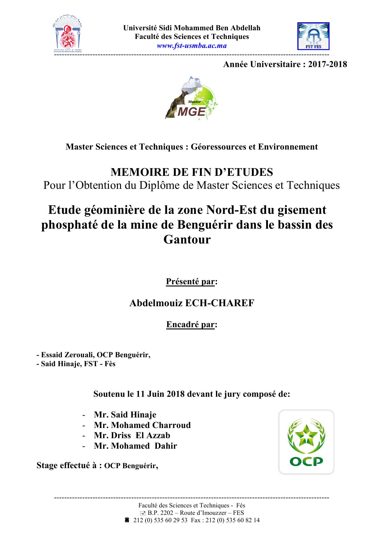 Etude géominière de la zone Nord-Est du gisement phosphaté de la mine de Benguérir dans le bassin des Gantour