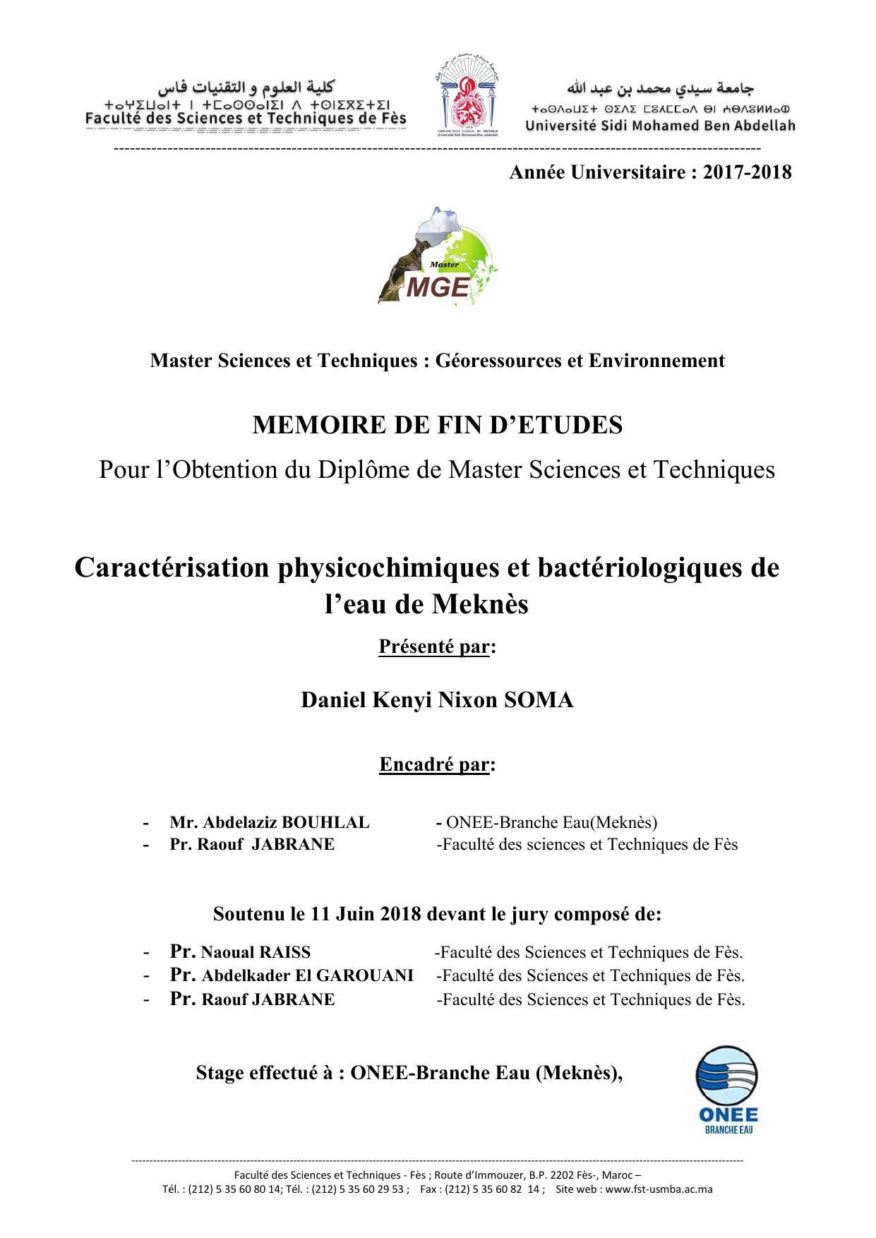 Caractérisation physicochimiques et bactériologiques de l’eau de Meknès