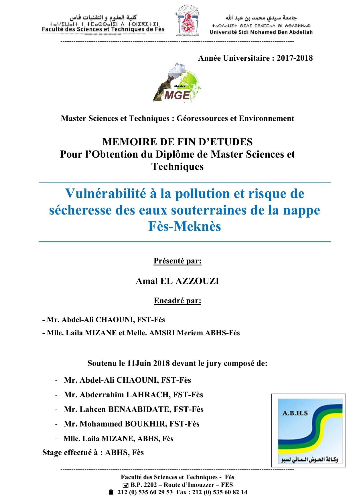 Vulnérabilité à la pollution et risque de sécheresse des eaux souterraines de la nappe Fès-Meknès