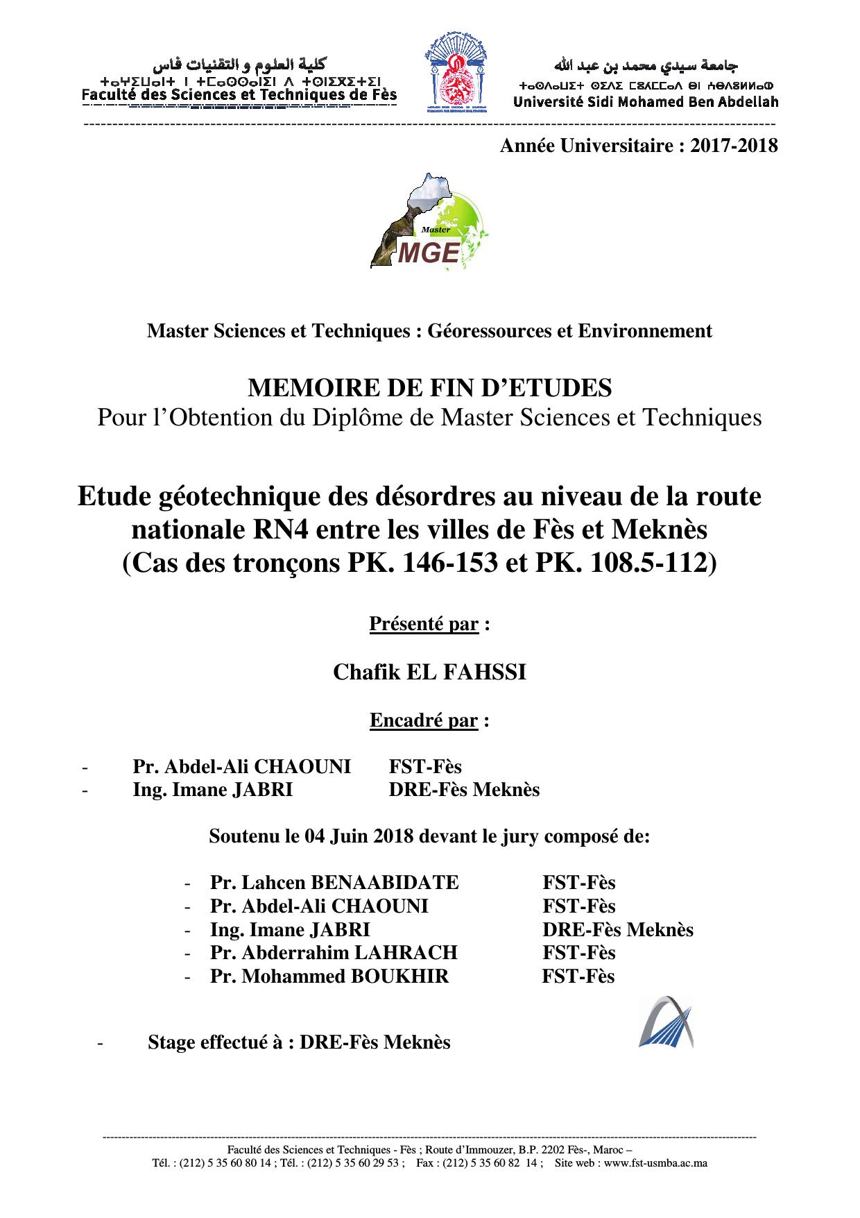 Etude géotechnique des désordres au niveau de la route nationale RN4 entre les villes de Fès et Meknès (Cas des tronçons PK. 146-153 et PK. 108.5-112)