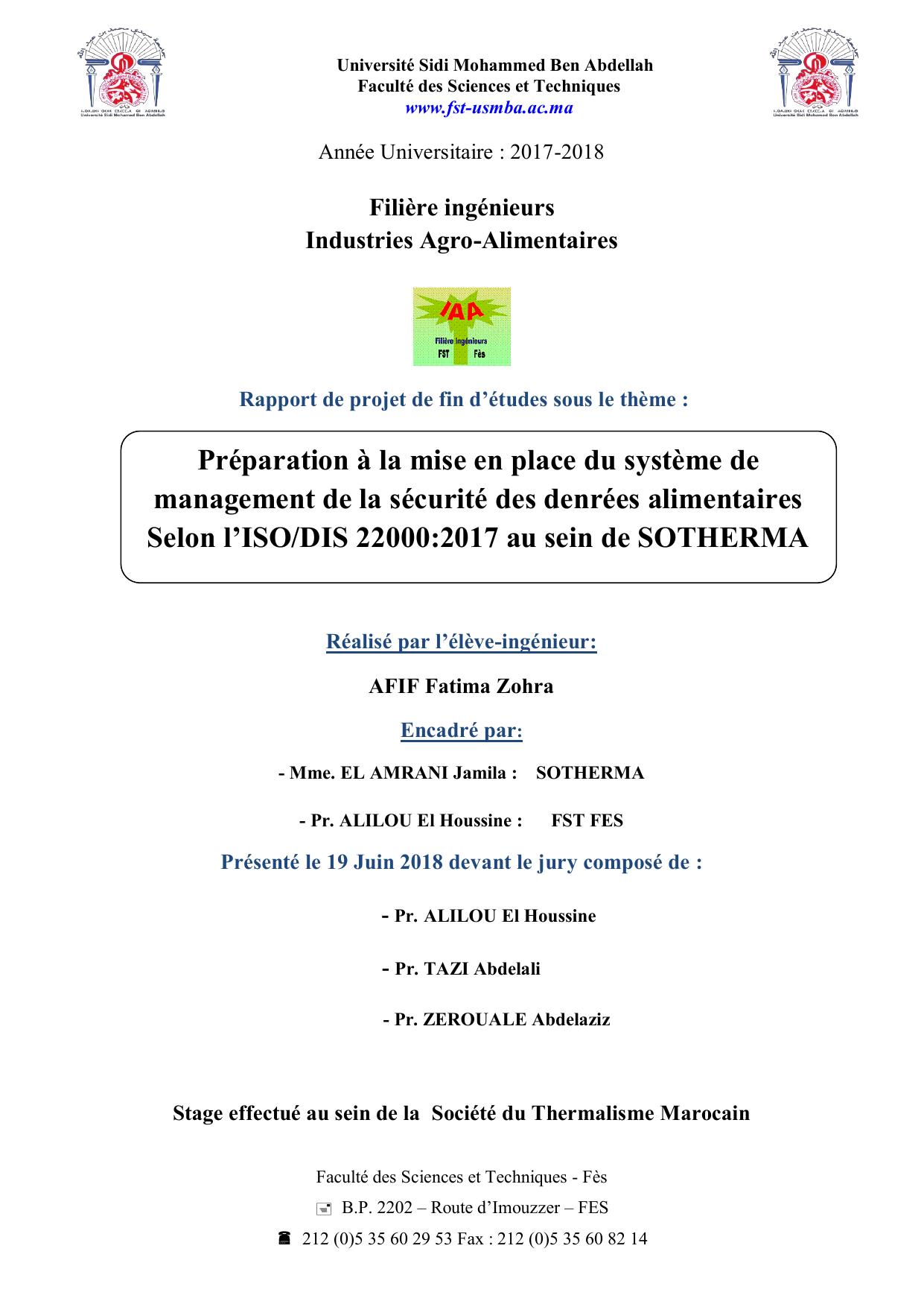 Préparation à la mise en place du système de management de la sécurité des denrées alimentaires Selon l’ISO/DIS 22000:2017 au sein de SOTHERMA