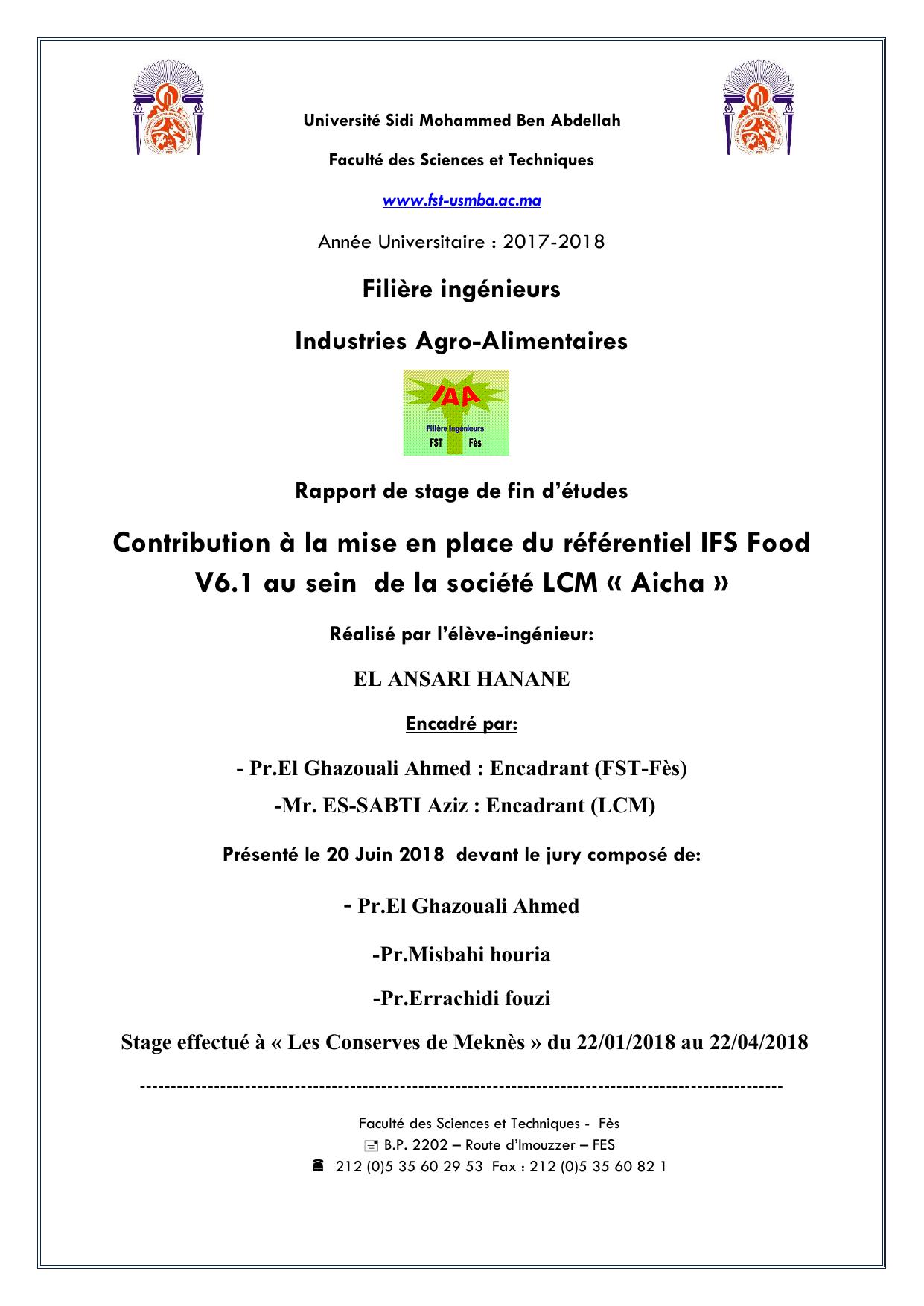 Contribution à la mise en place du référentiel IFS Food V6.1 au sein de la société LCM « Aicha »