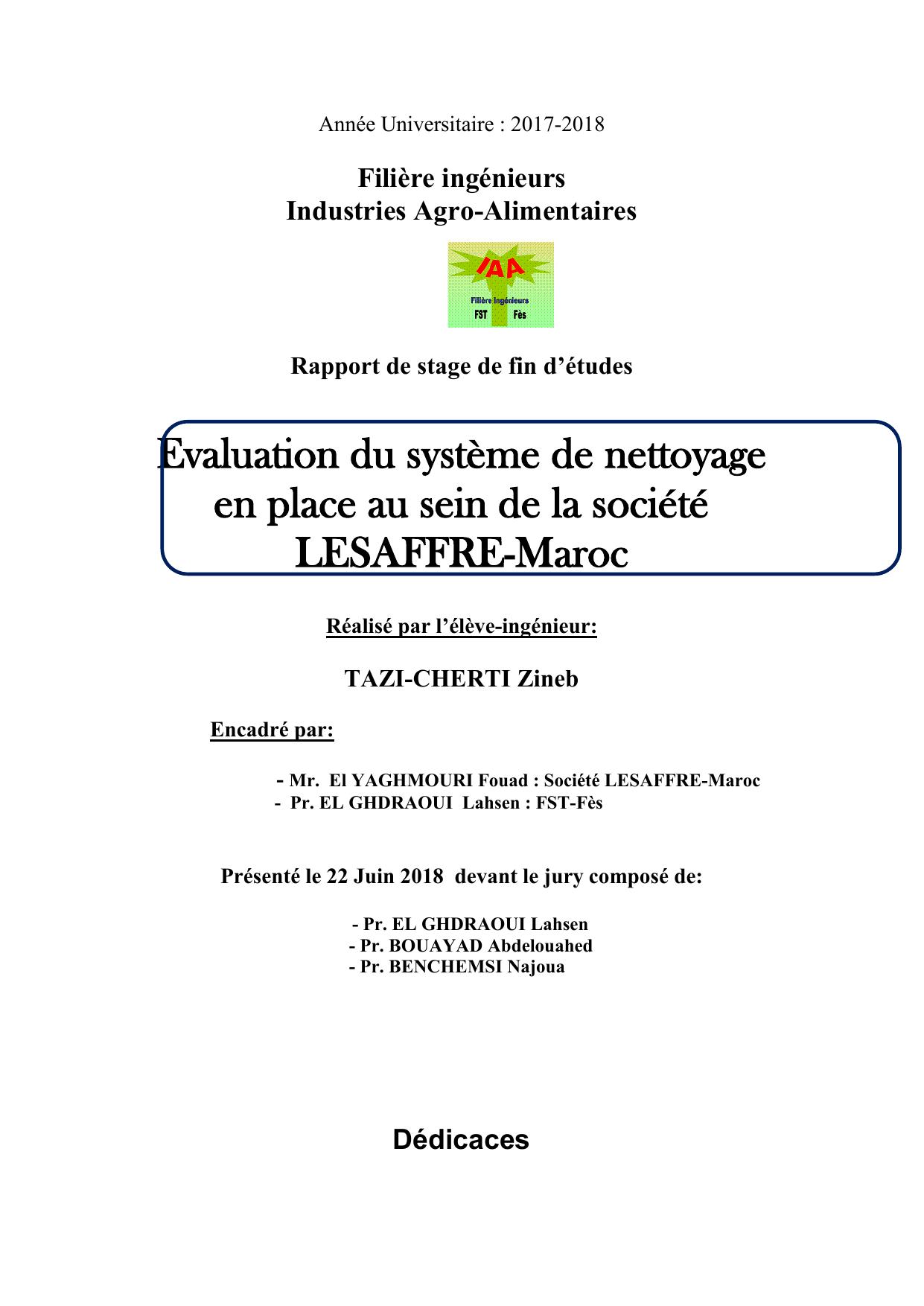 Evaluation du système de nettoyage en place au sein de la société LESAFFRE-Maroc