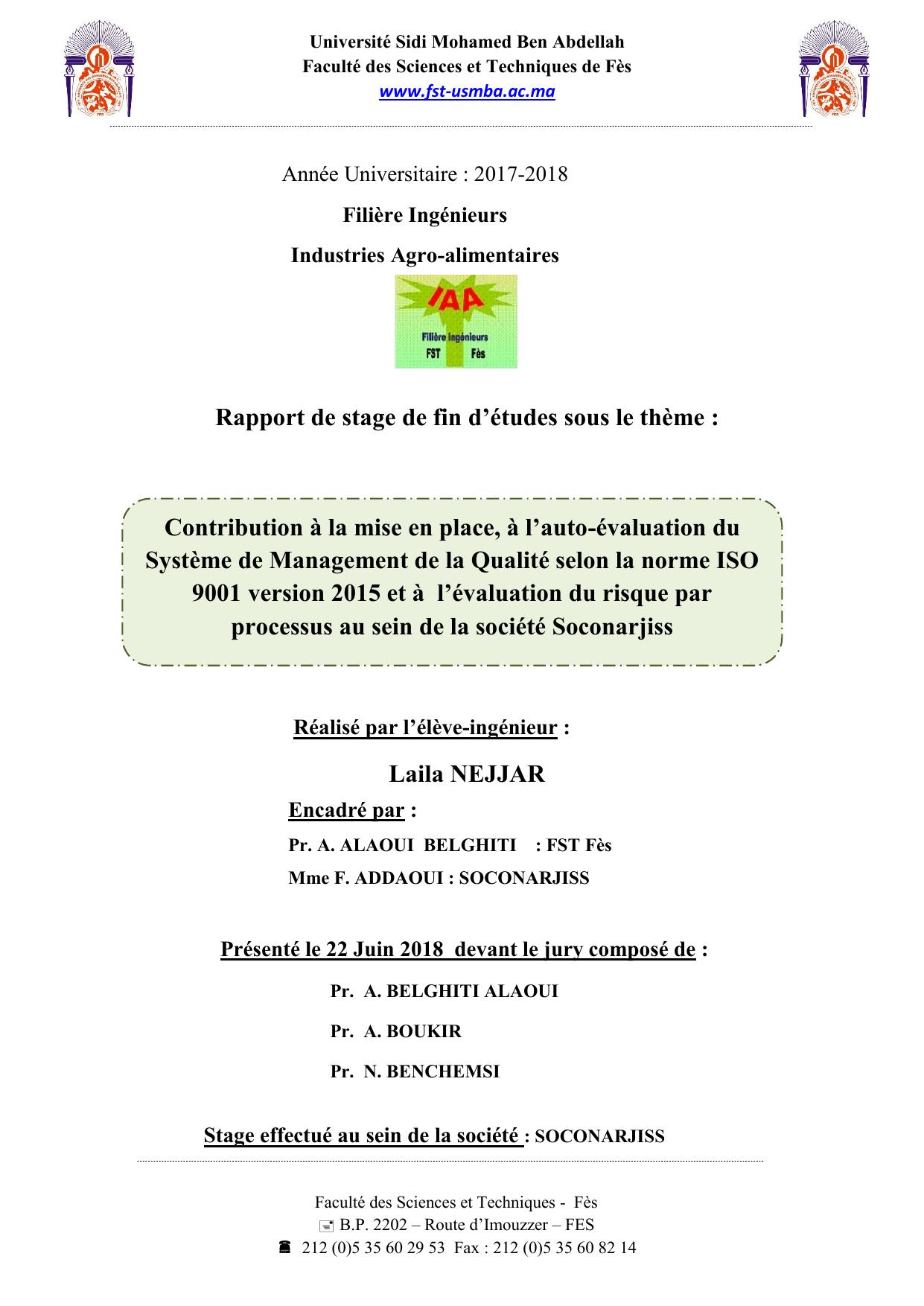 Contribution à la mise en place, à l’auto-évaluation du Système de Management de la Qualité selon la norme ISO 9001 version 2015 et à l’évaluation du risque par processus au sein de la société Soconarjiss