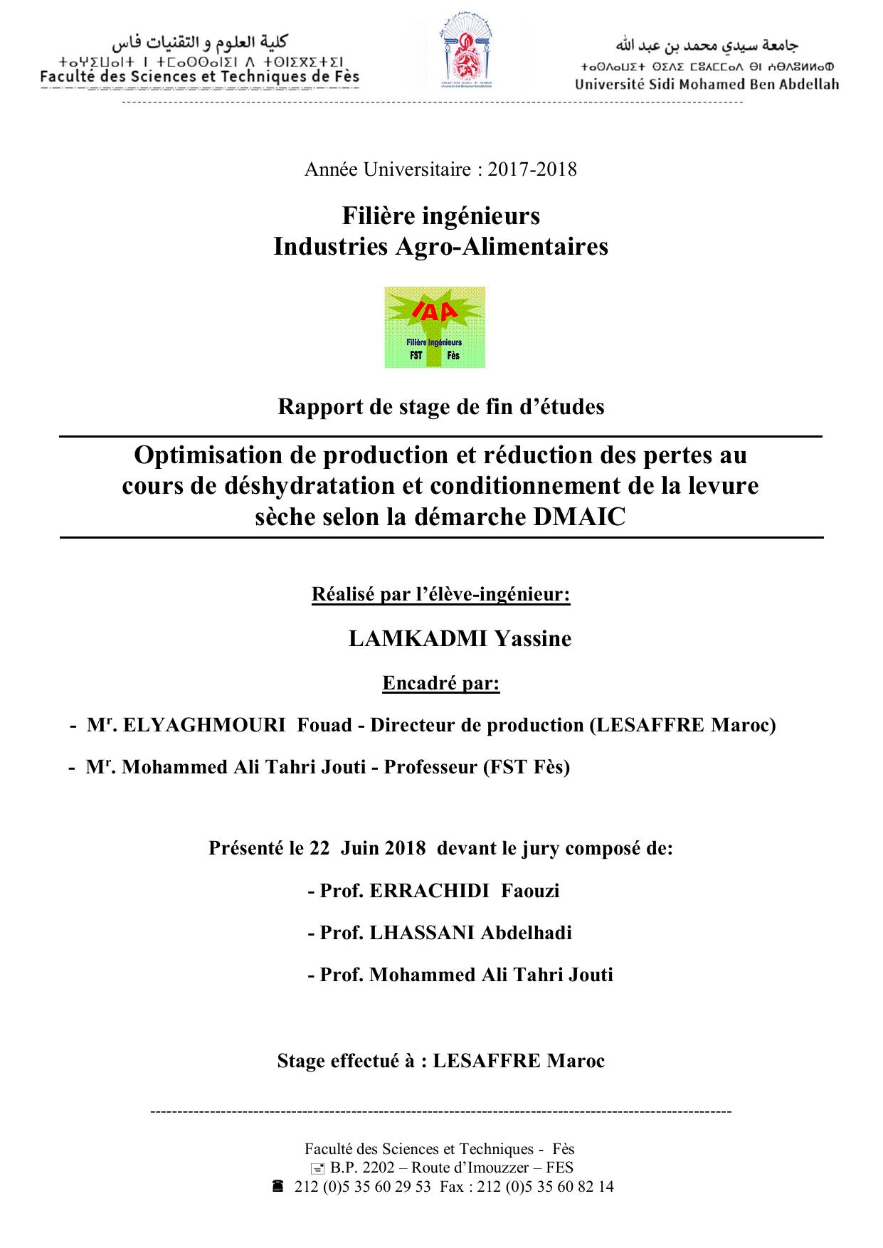 Optimisation de production et réduction des pertes au cours de déshydratation et conditionnement de la levure sèche selon la démarche DMAIC