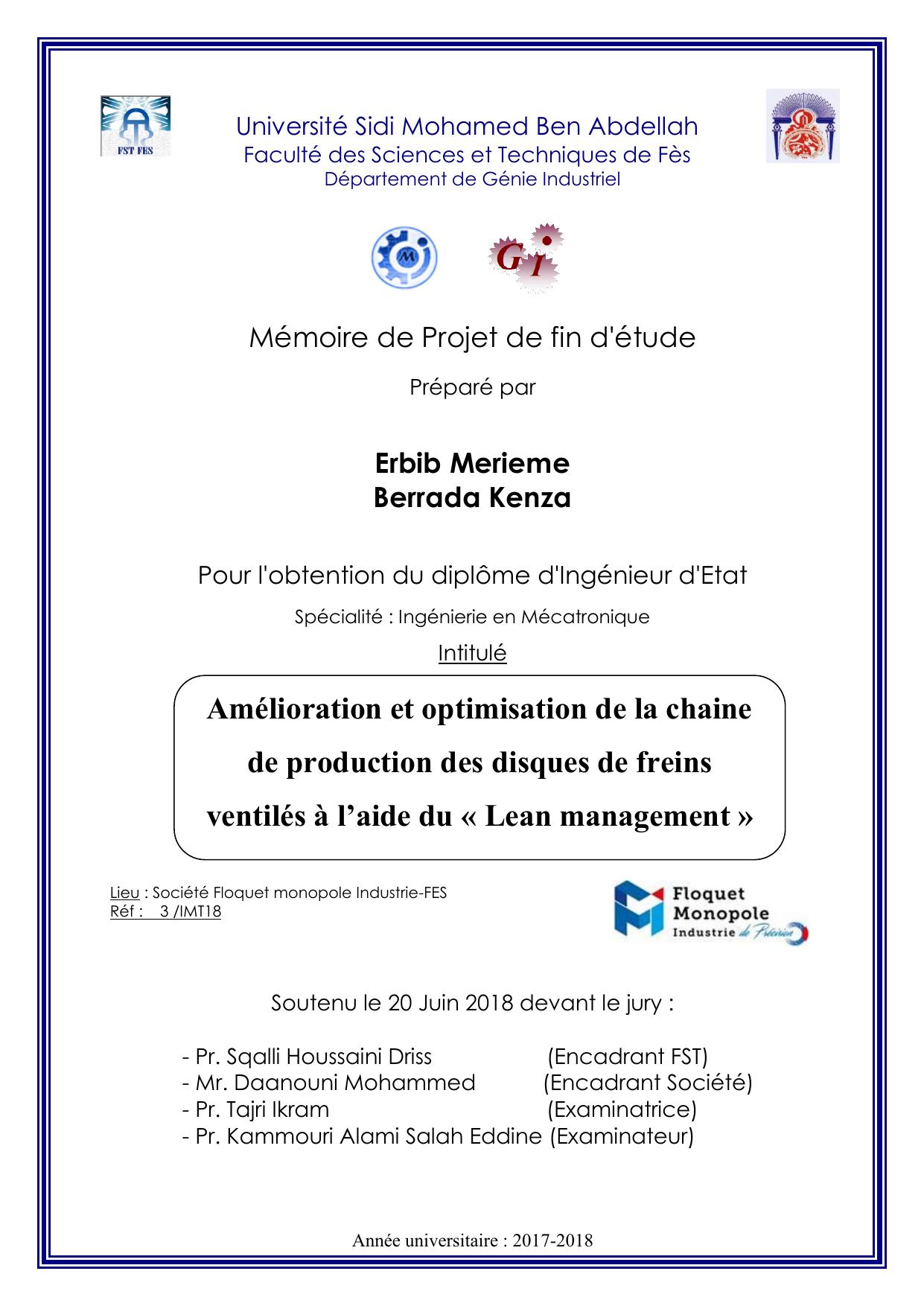 Amélioration et optimisation de la chaine de production des disques de freins ventilés à l’aide du « Lean management »