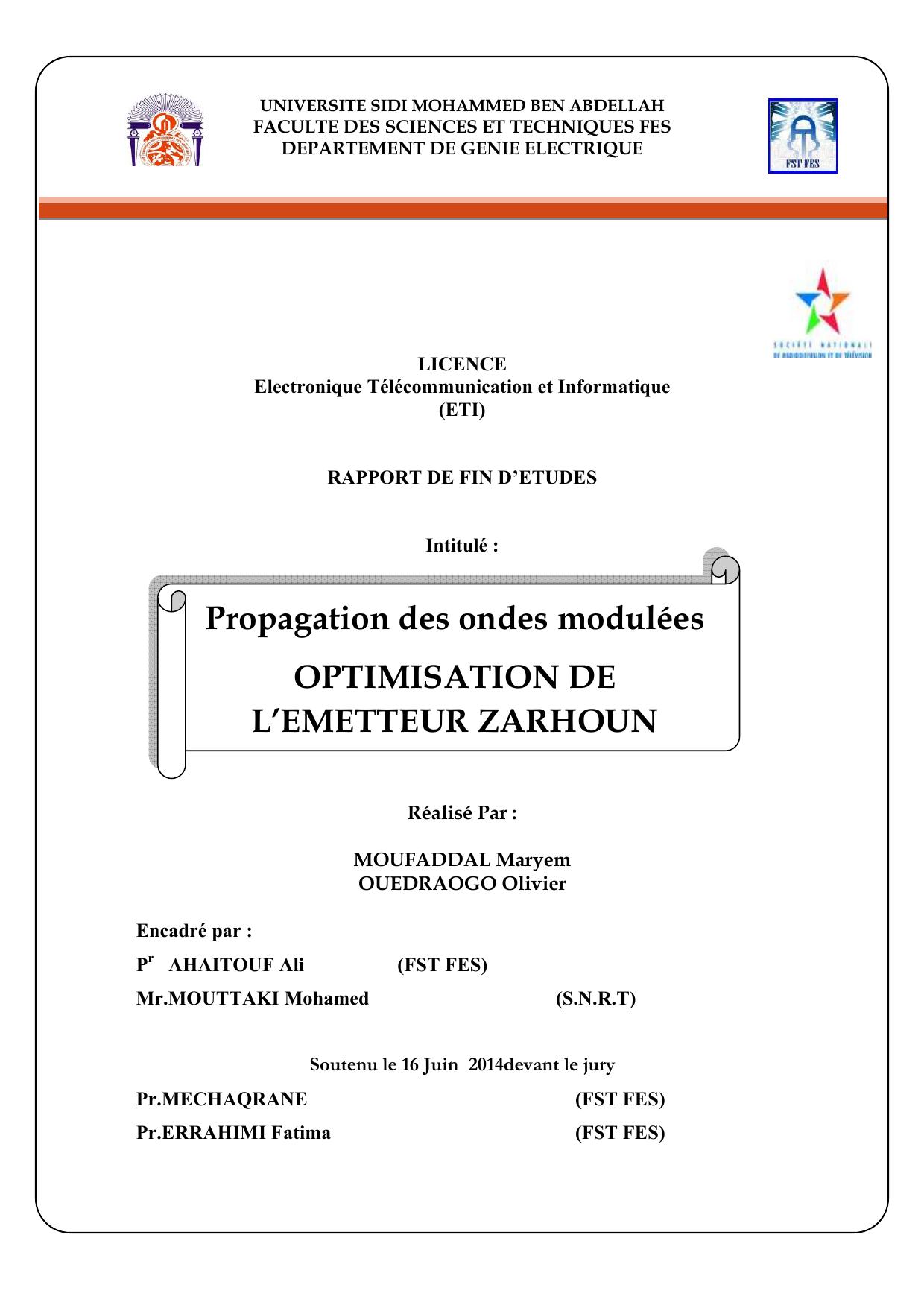 Propagation des ondes modulées OPTIMISATION DE L’EMETTEUR ZARHOUN