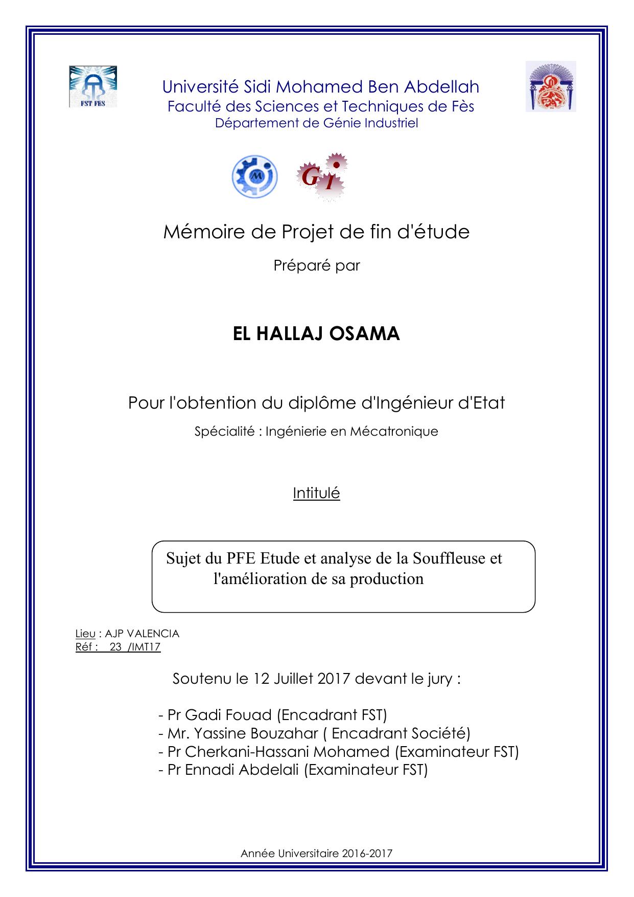 Sujet du PFE Etude et analyse de la Souffleuse et l'amélioration de sa production