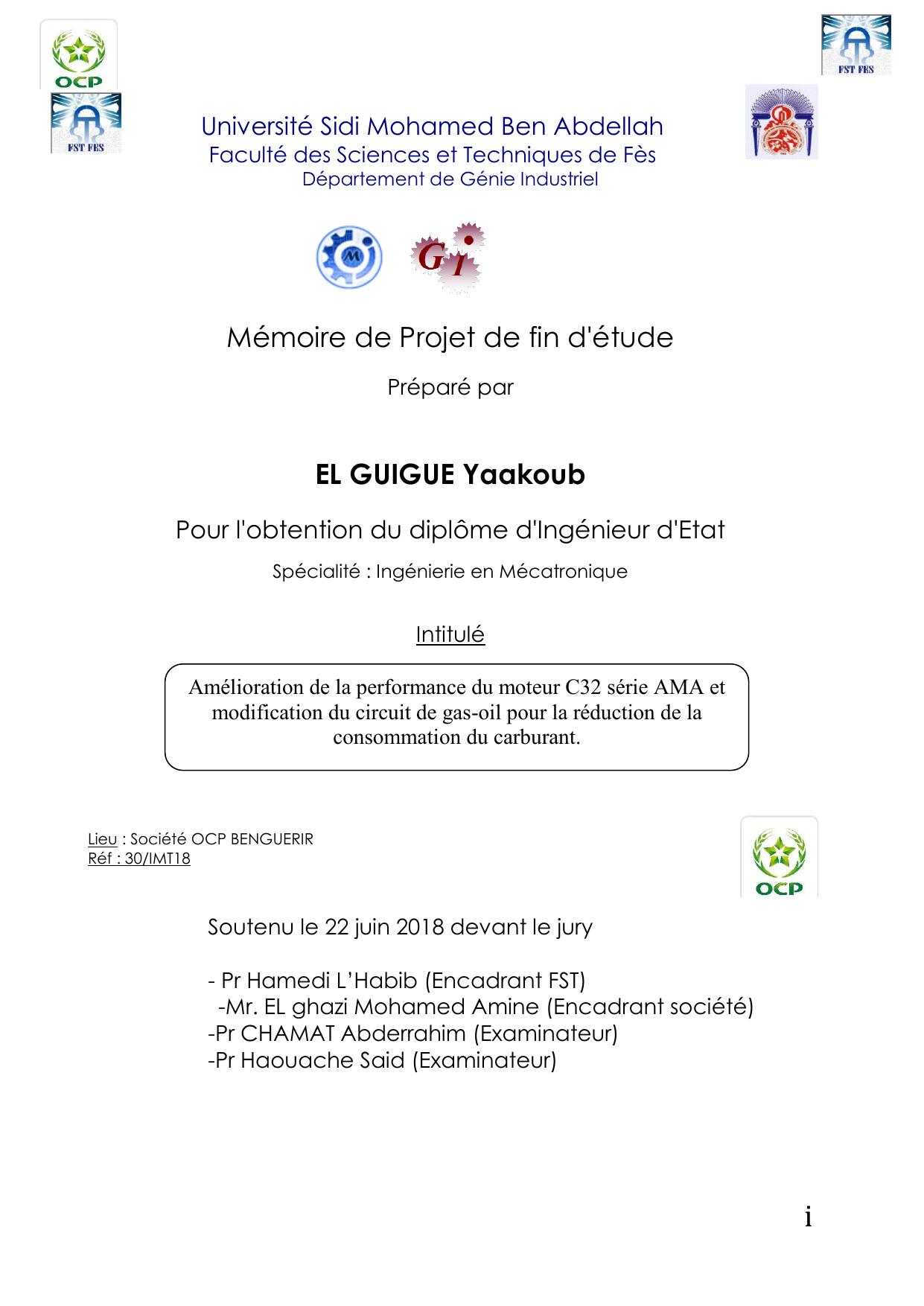 Amélioration de la performance du moteur C32 série AMA et modification du circuit de gas-oil pour la réduction de la consommation du carburant