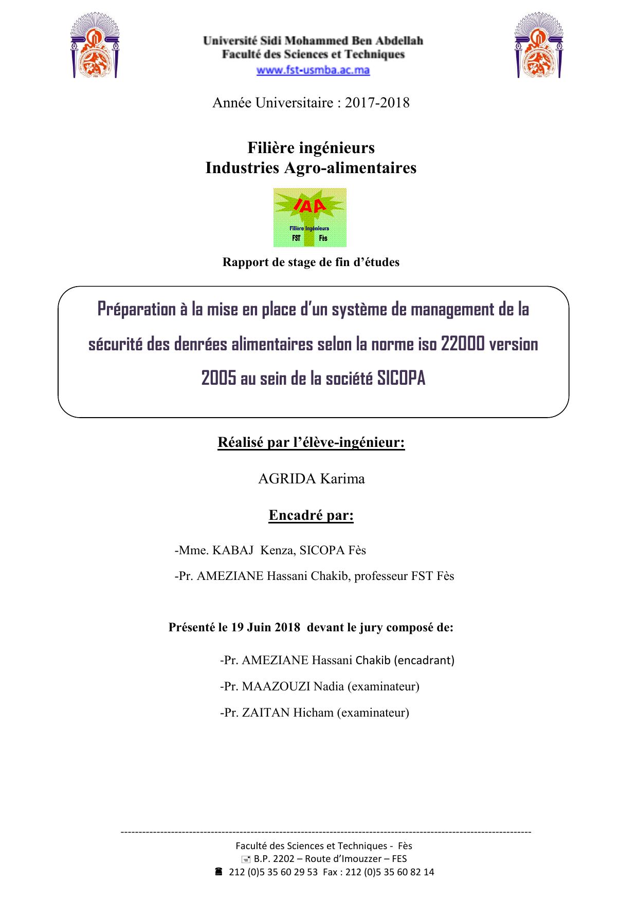 Préparation à la mise en place d’un système de management de la sécurité des denrées alimentaires selon la norme iso 22000 version 2005 au sein de la société SICOPA