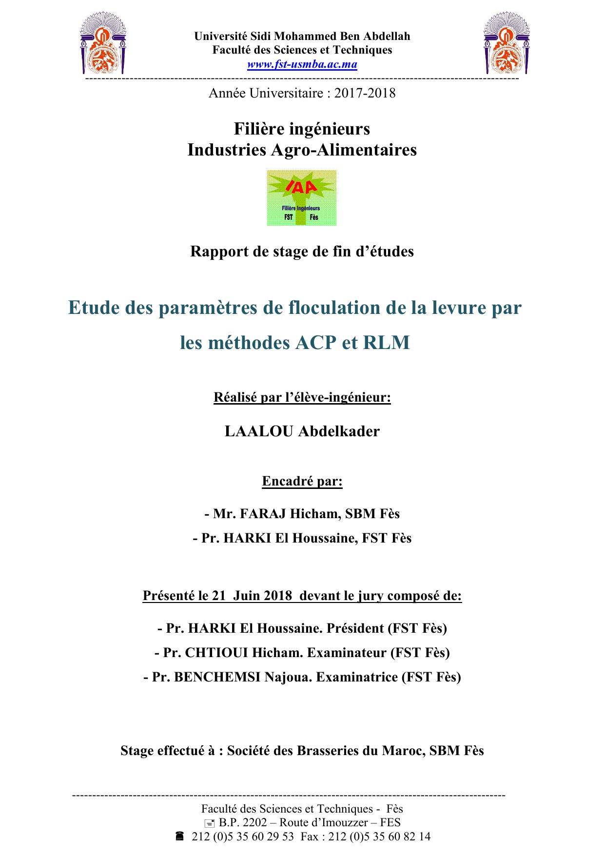 Etude des paramètres de floculation de la levure par les méthodes ACP et RLM