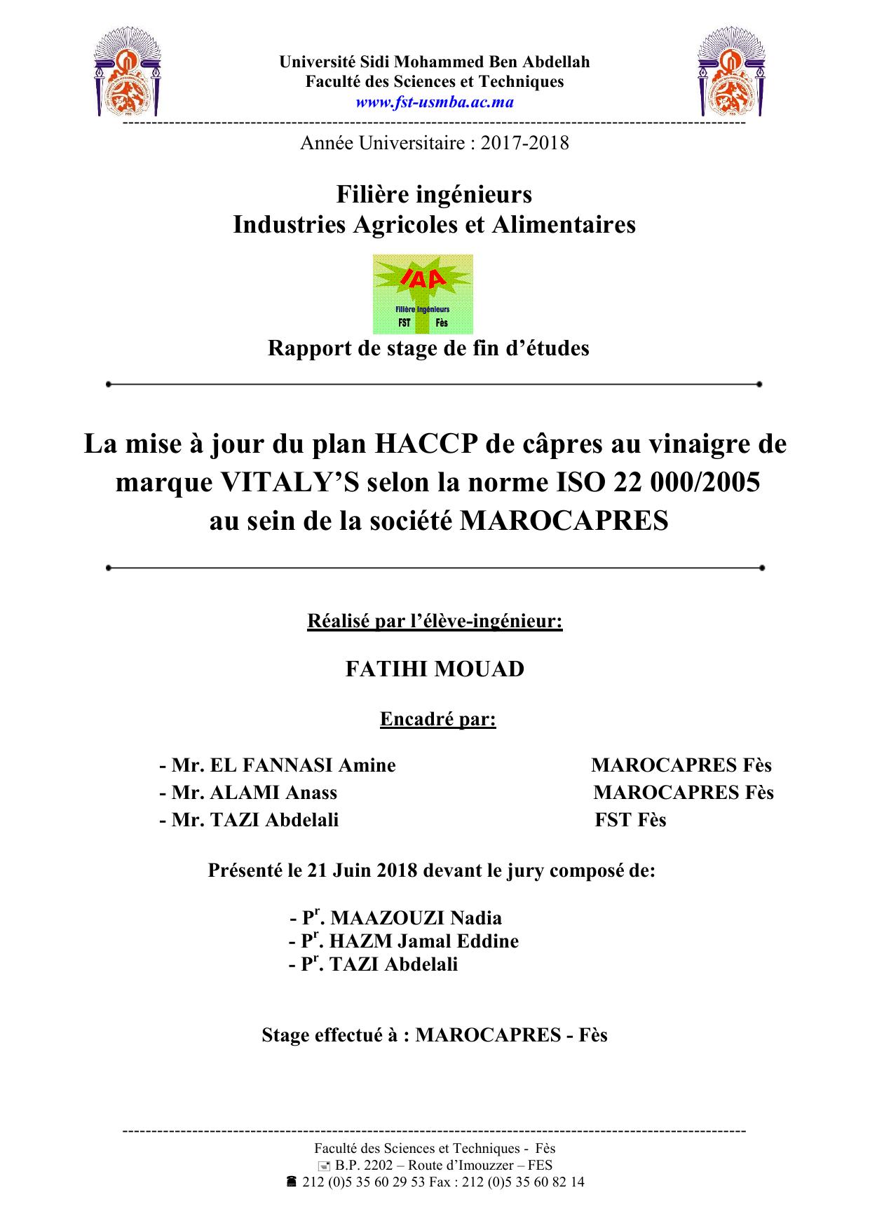 La mise à jour du plan HACCP de câpres au vinaigre de marque VITALY’S selon la norme ISO 22 000/2005 au sein de la société MAROCAPRES
