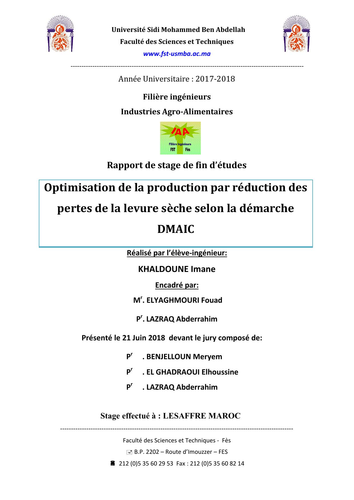 Optimisation de la production par réduction des pertes de la levure sèche selon la démarche DMAIC
