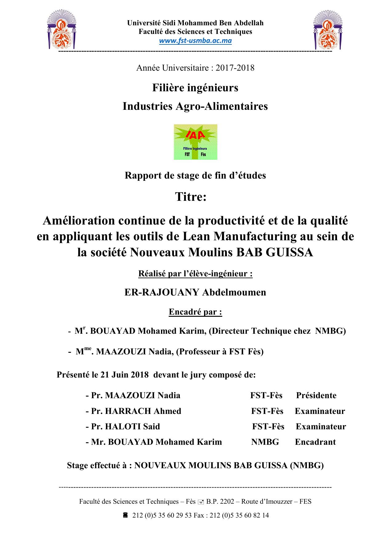 Amélioration continue de la productivité et de la qualité en appliquant les outils de Lean Manufacturing au sein de la société Nouveaux Moulins BAB GUISSA