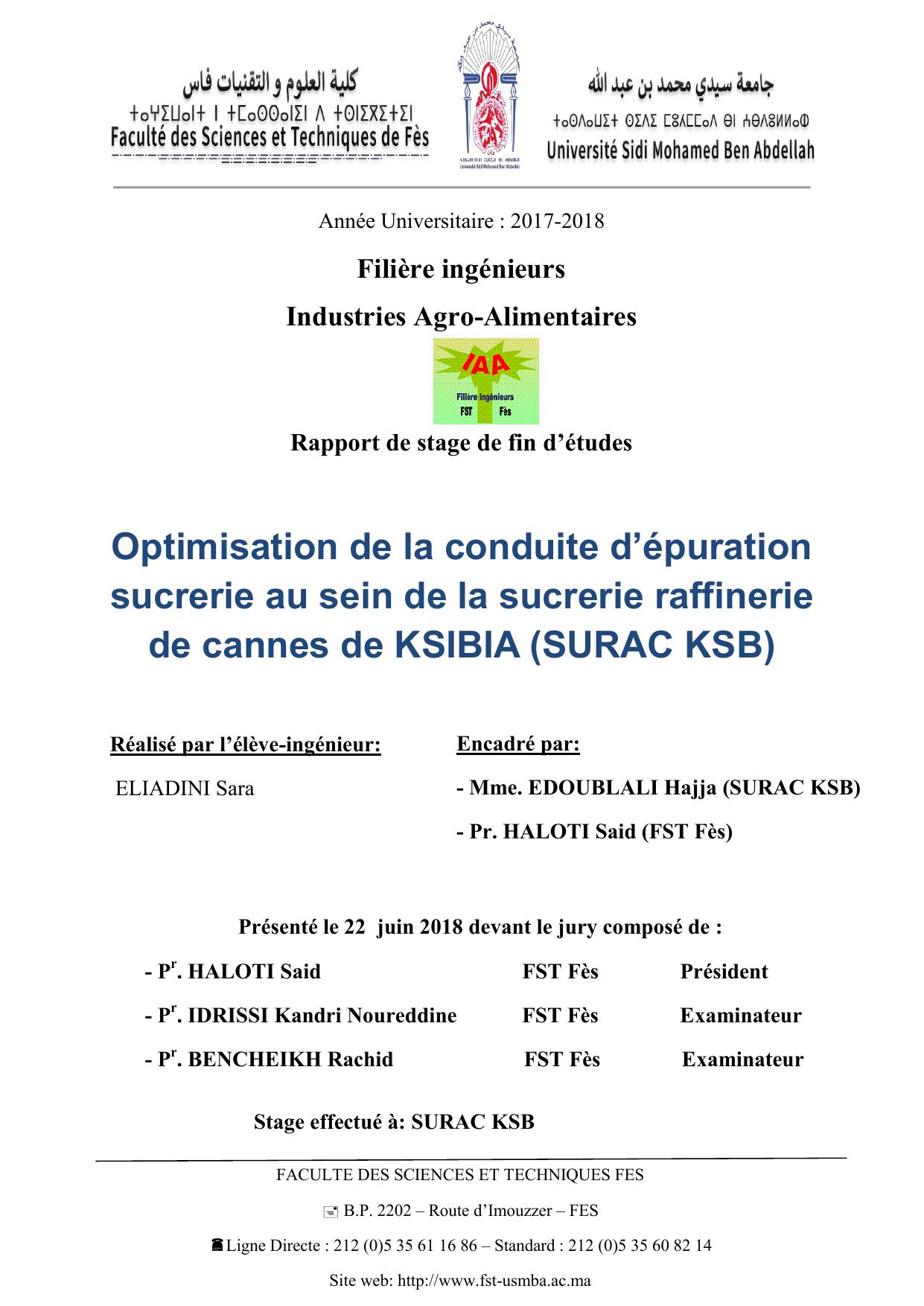 Optimisation de la conduite d’épuration sucrerie au sein de la sucrerie raffinerie de cannes de KSIBIA (SURAC KSB)