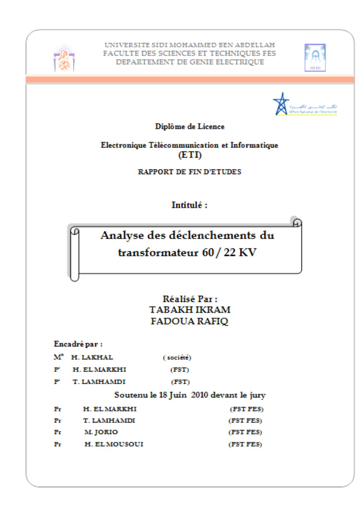 Analyse des déclenchements du transformateur 60/22KV