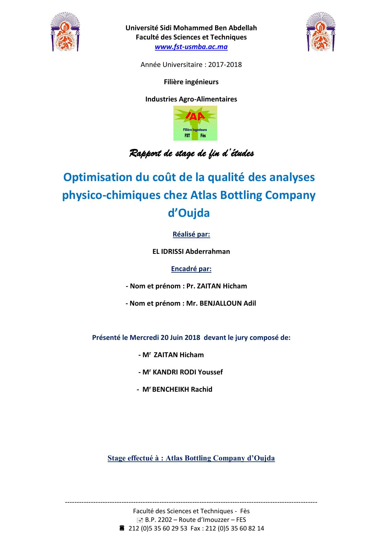 Optimisation du coût de la qualité des analyses physico-chimiques chez Atlas Bottling Company d’Oujda