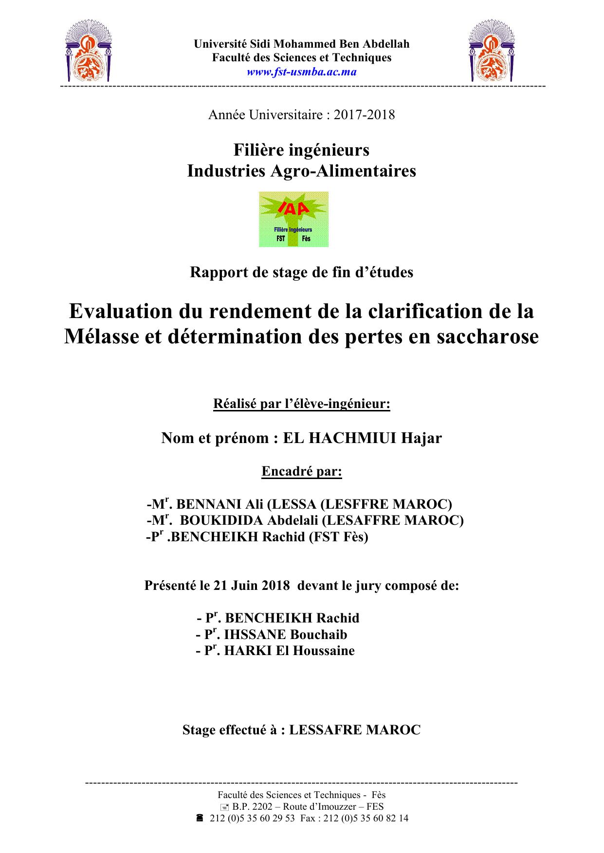 Evaluation du rendement de la clarification de la Mélasse et détermination des pertes en saccharose