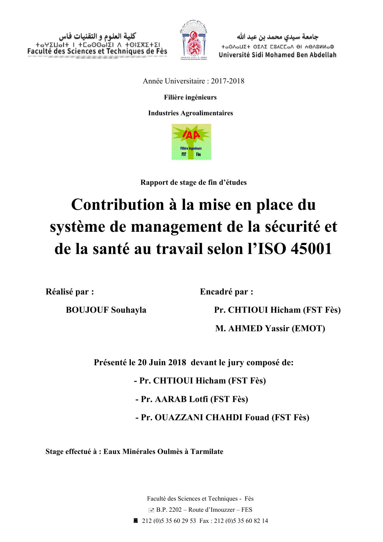 Contribution à la mise en place du système de management de la sécurité et de la santé au travail selon l’ISO 45001