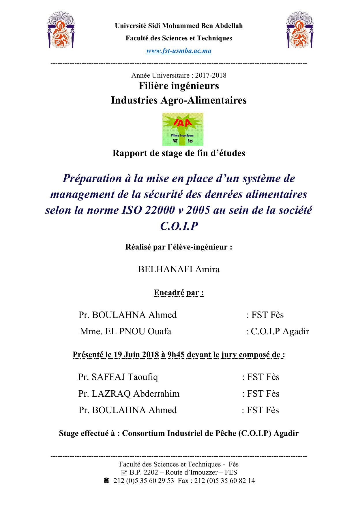 Préparation à la mise en place d’un système de management de la sécurité des denrées alimentaires selon la norme ISO 22000 v 2005 au sein de la société C.O.I.P