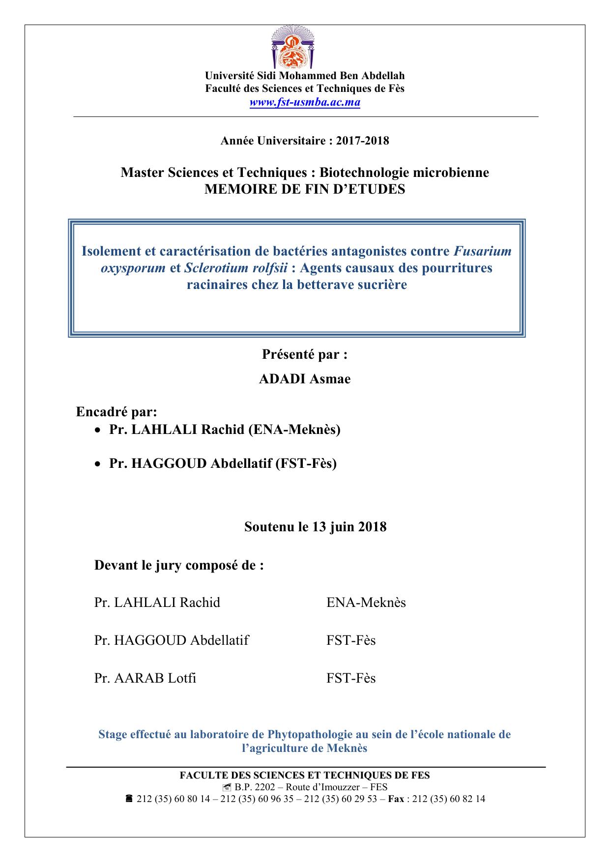 Isolement et caractérisation de bactéries antagonistes contre Fusarium oxysporum et Sclerotium rolfsii : Agents causaux des pourritures racinaires chez la betterave sucrière