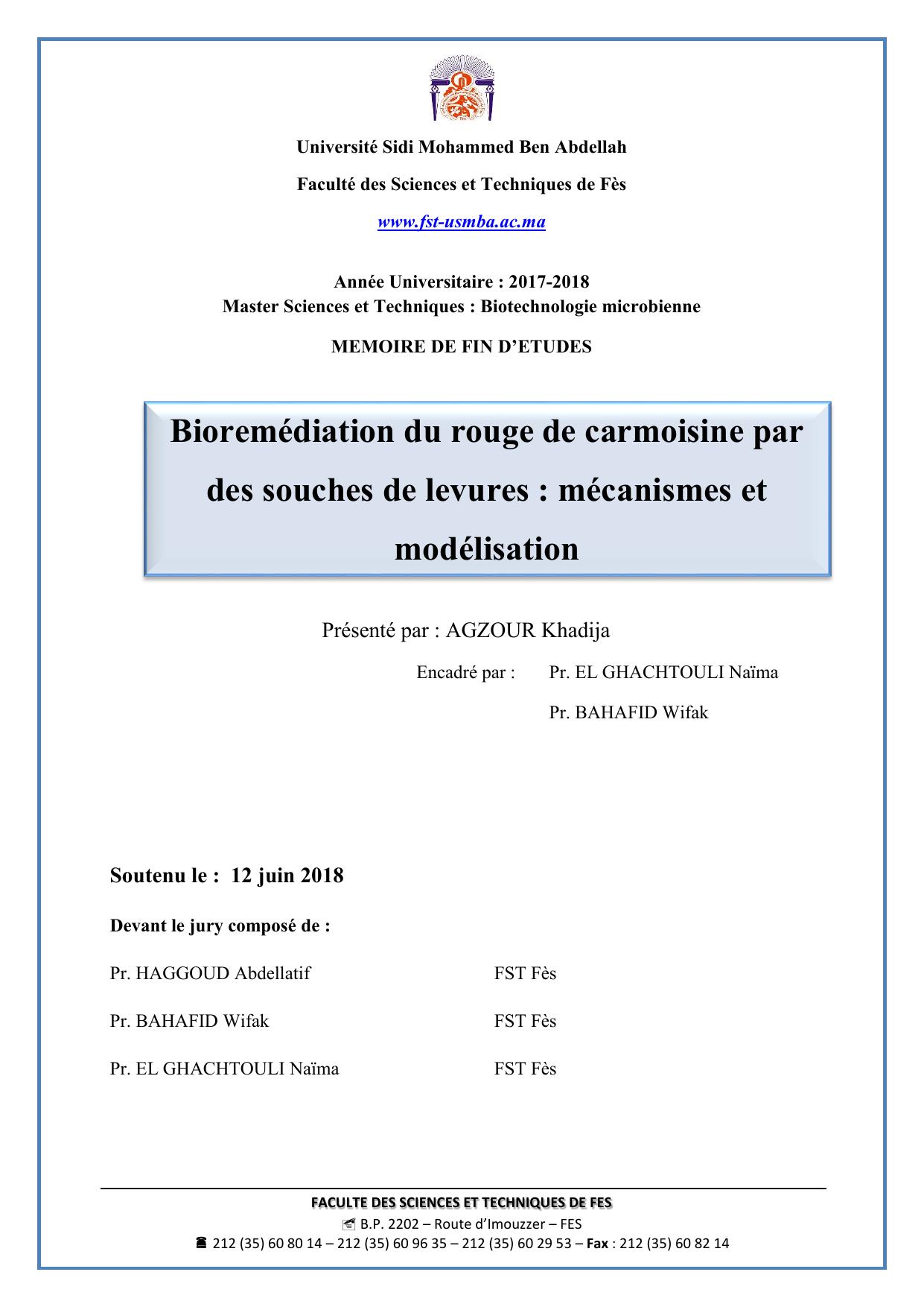 Bioremédiation du rouge de carmoisine par des souches de levures : mécanismes et modélisation