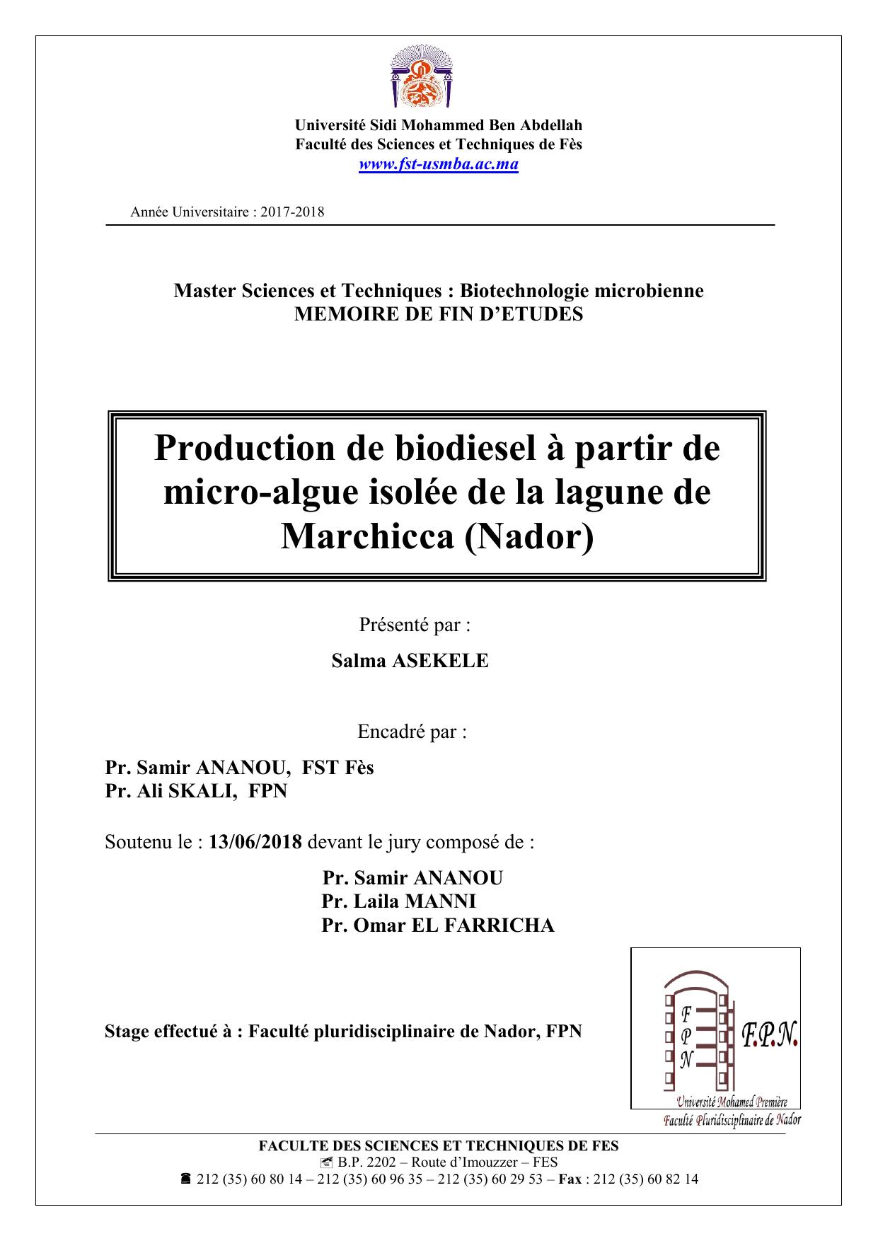 Production de biodiesel à partir de micro-algue isolée de la lagune de Marchicca (Nador)