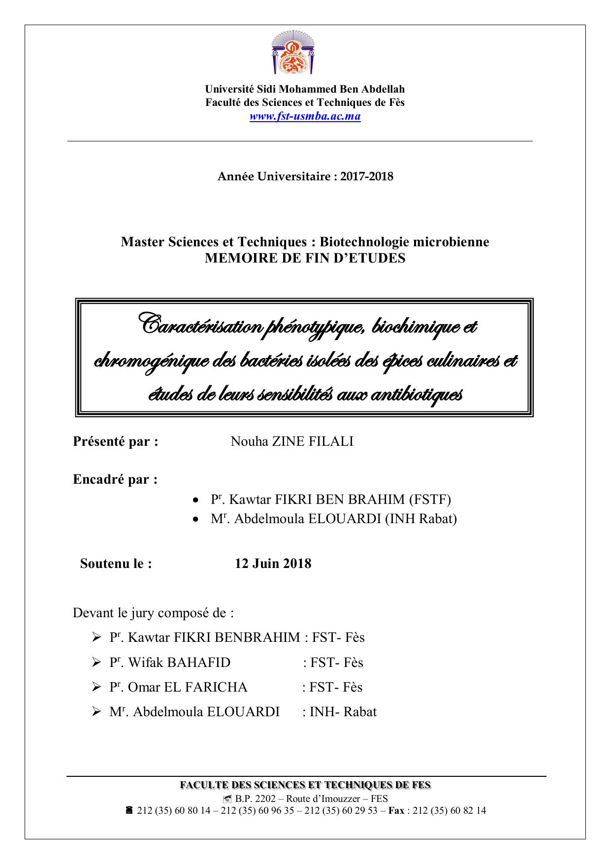 Caractérisation phénotypique, biochimique et chromogénique des bactéries isolées des épices culinaires et études de leurs sensibilités aux antibiotiques