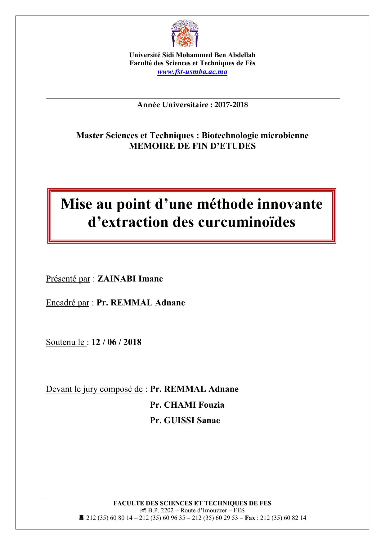 Mise au point d’une méthode innovante d’extraction des curcuminoïdes