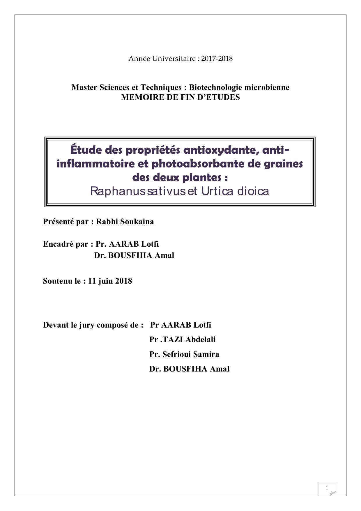 Étude des propriétés antioxydante, antiinflammatoire et photoabsorbante de graines des deux plantes : Raphanus sativus et Urtica dioica