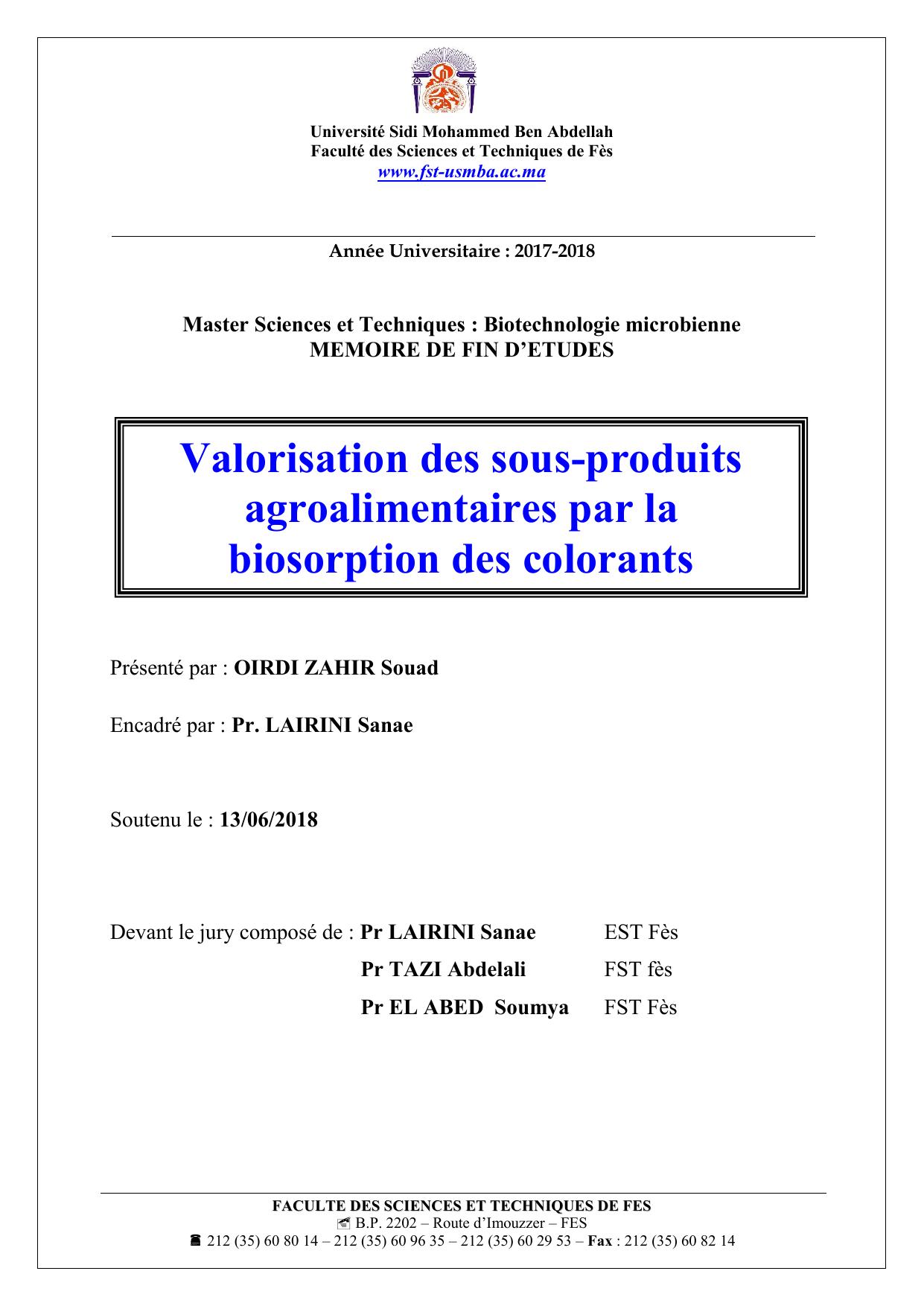 Valorisation des sous-produits agroalimentaires par la biosorption des colorants