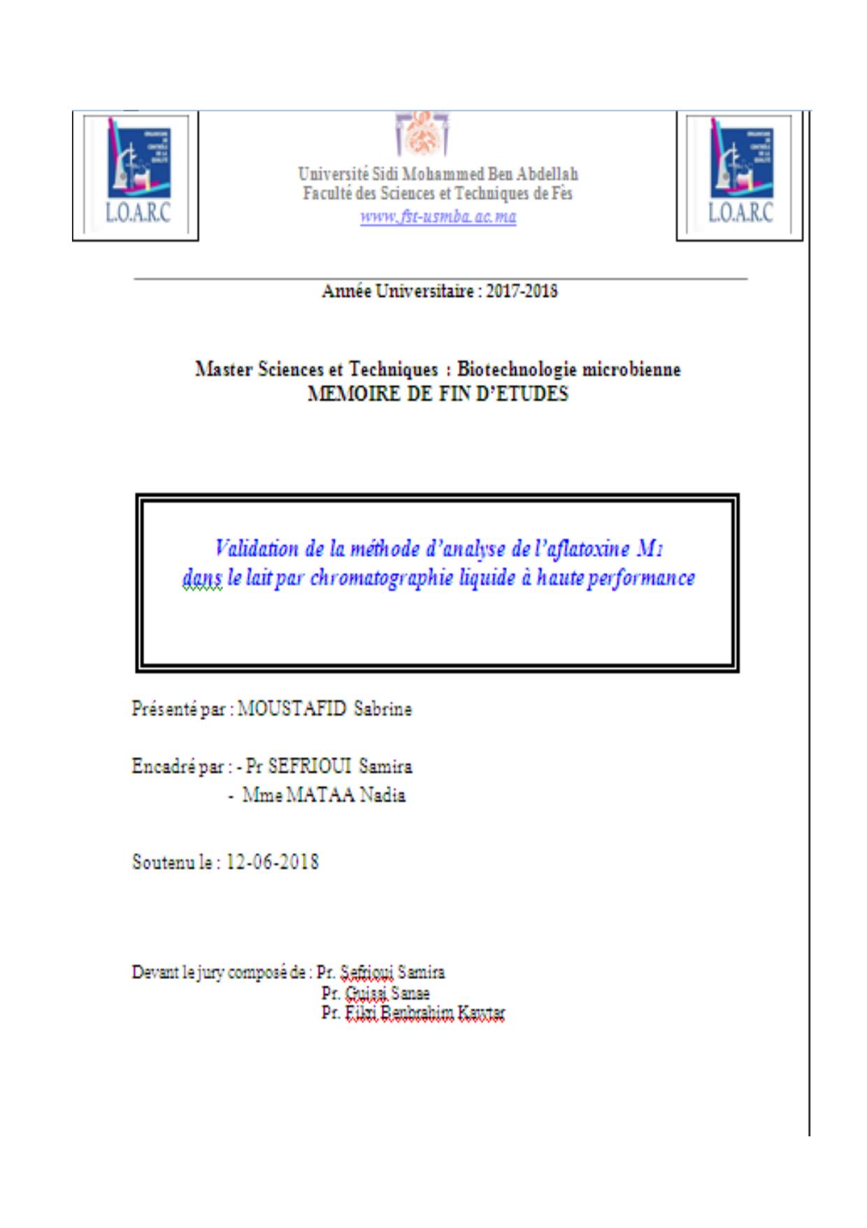 validation de la méthode d'analyse de l'aflatoxine M1 dans le lait par chromatographie liquide à haute performance