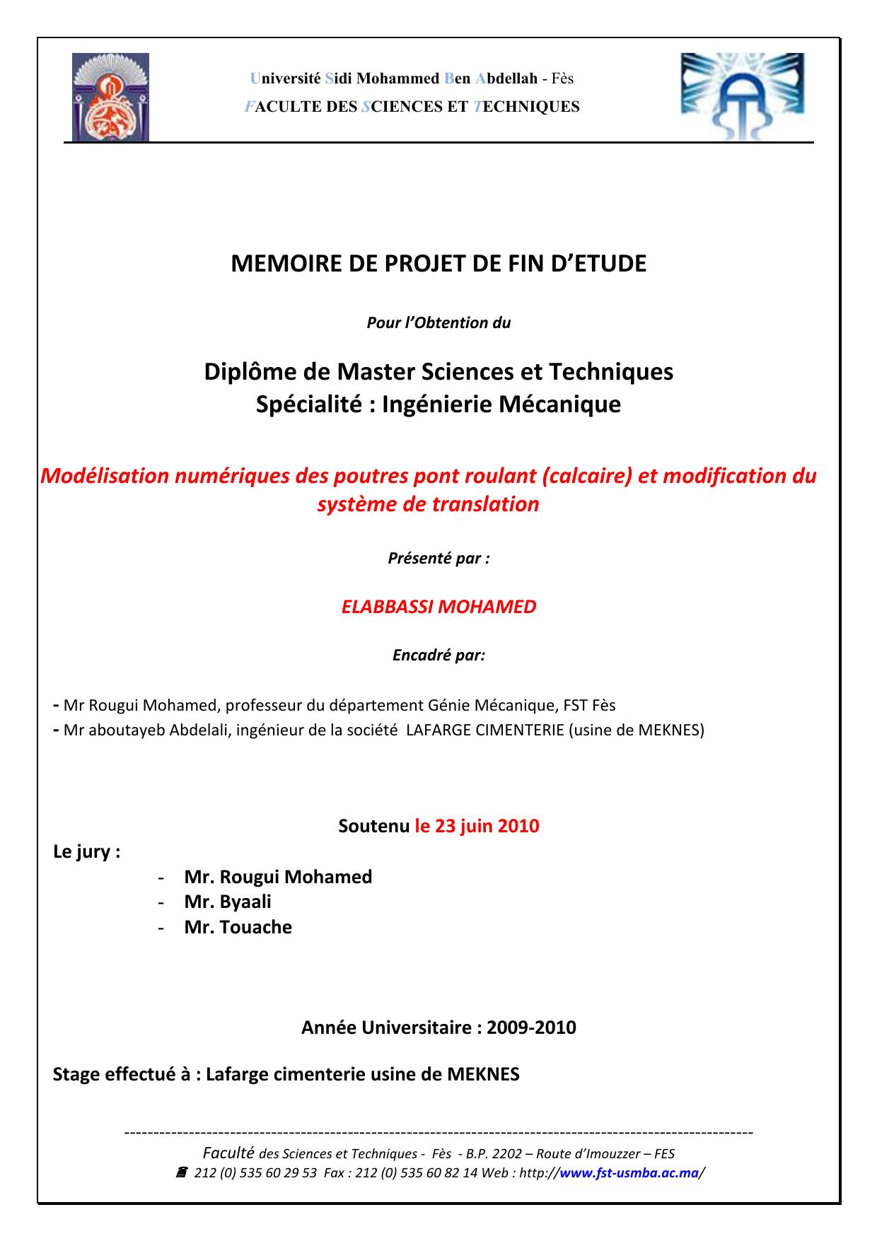 Modélisation numériques des poutres pont roulant (calcaire) et modification du système de translation