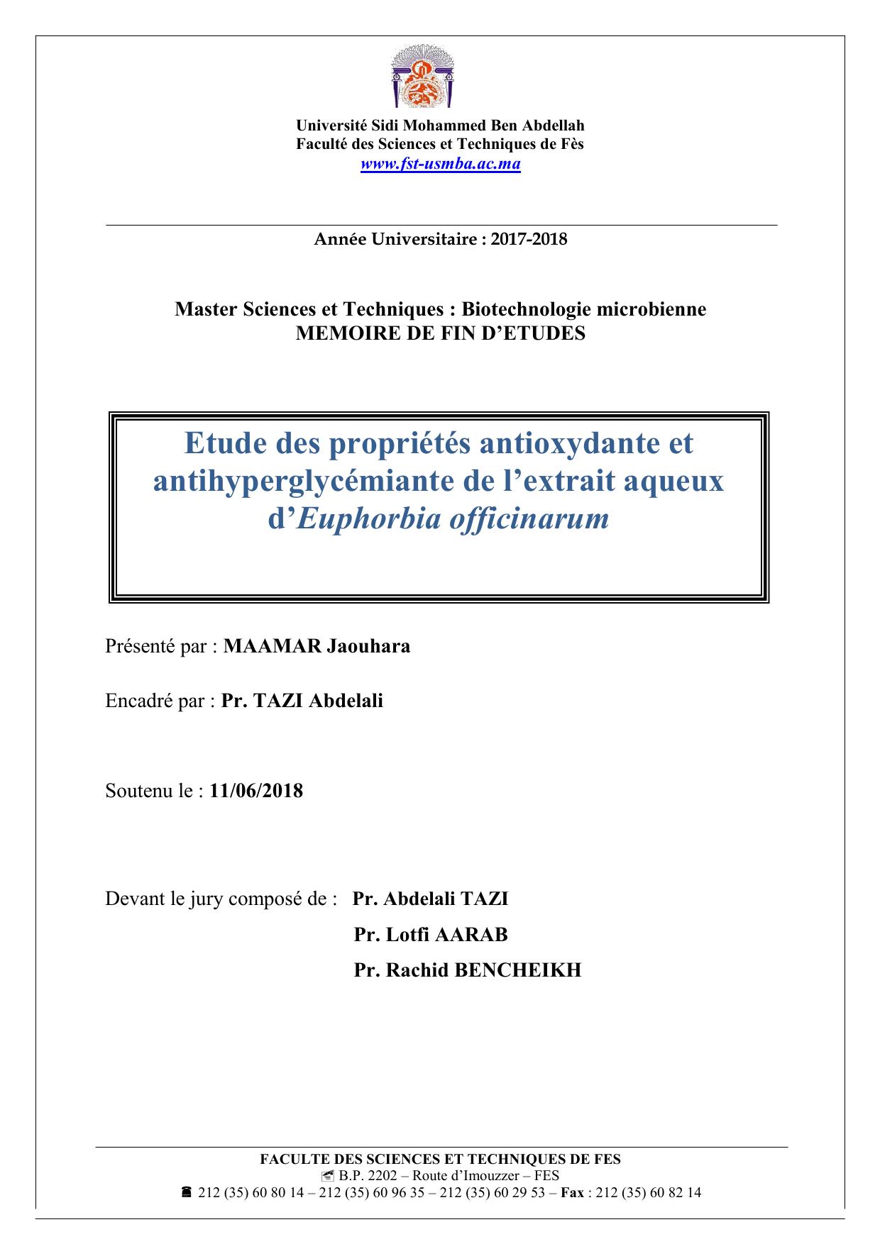 Etude des propriétés antioxydante et antihyperglycémiante de l’extrait aqueux d’Euphorbia officinarum