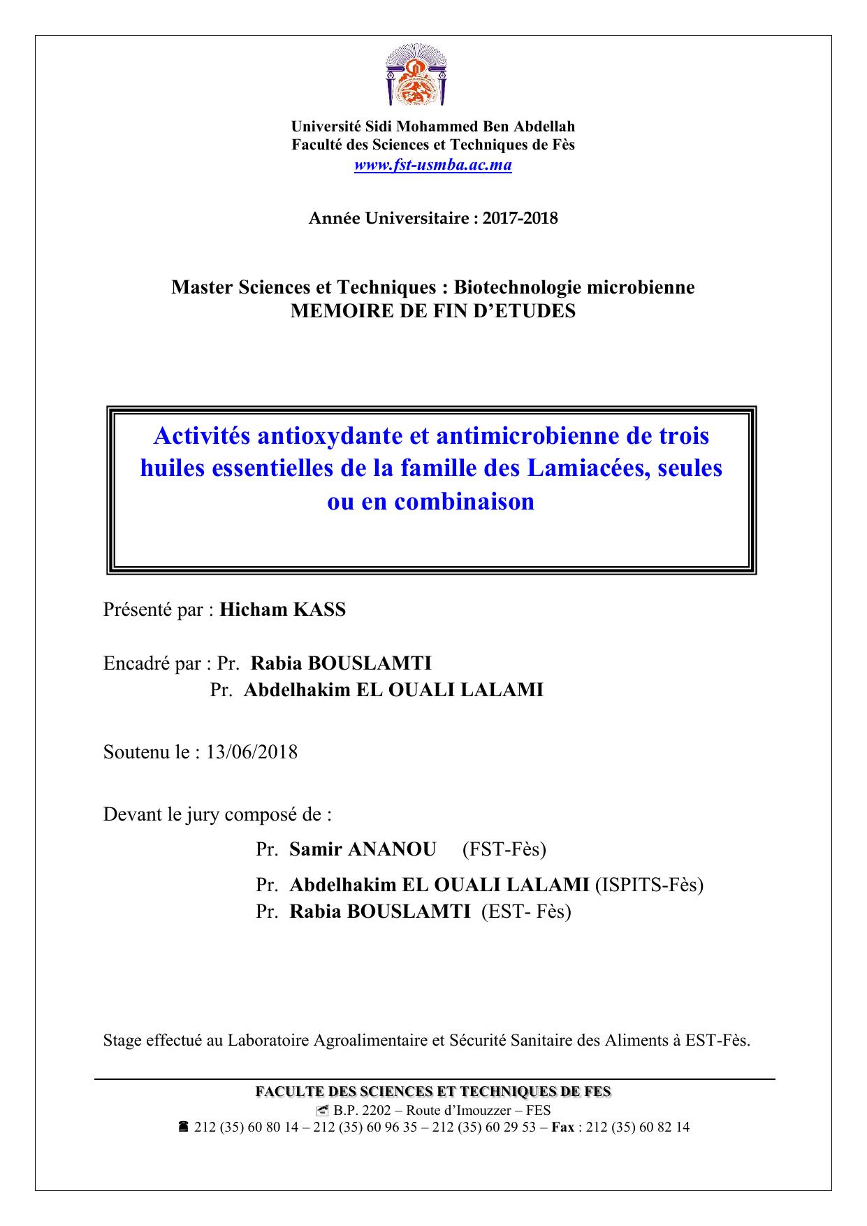 Activités antioxydante et antimicrobienne de trois huiles essentielles de la famille des Lamiacées, seules ou en combinaison