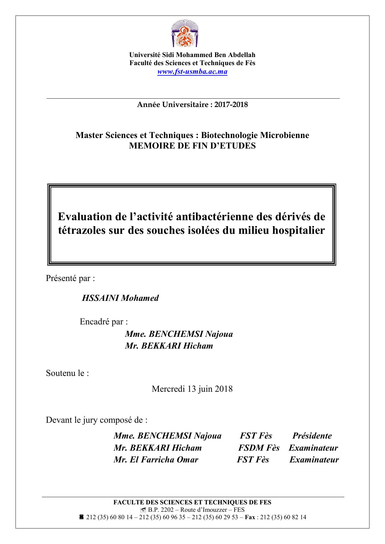 Evaluation de l’activité antibactérienne des dérivés de tétrazoles sur des souches isolées du milieu hospitalier