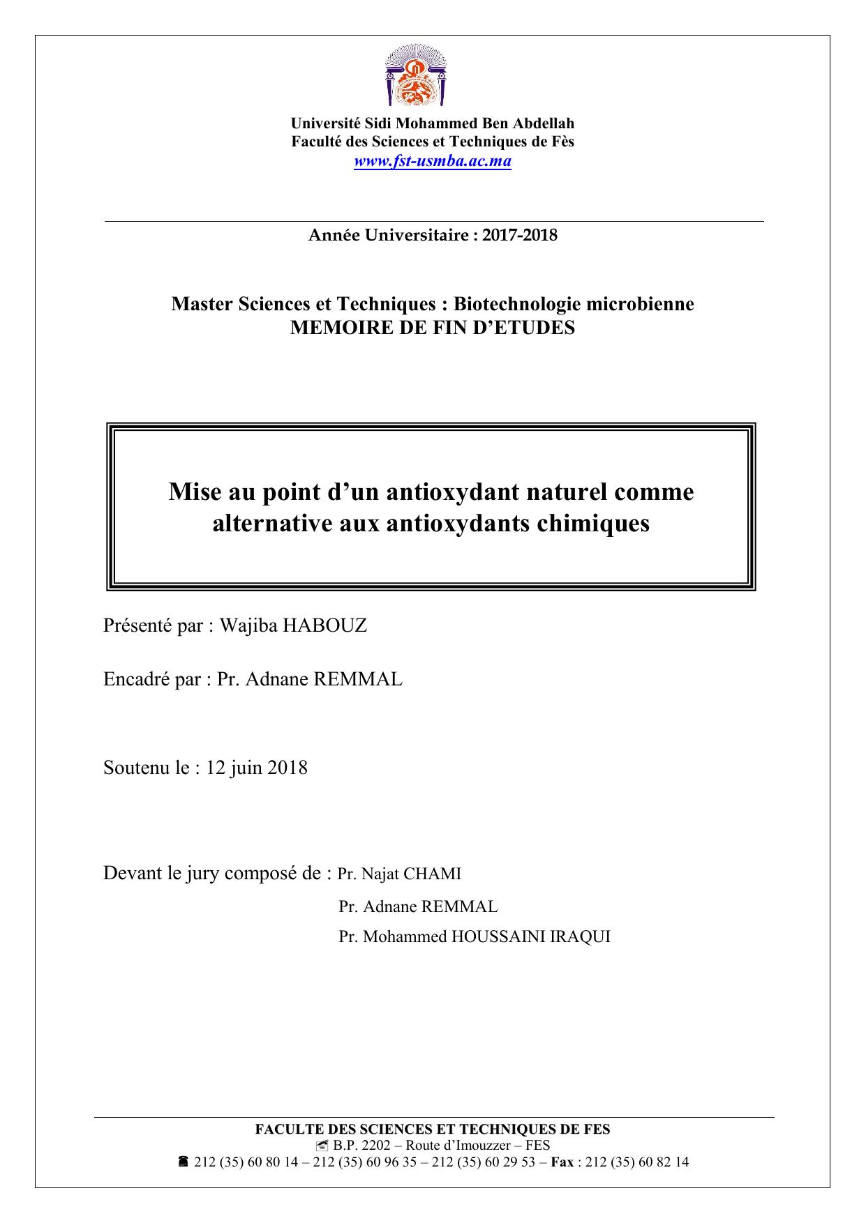 Mise au point d’un antioxydant naturel comme alternative aux antioxydants chimiques