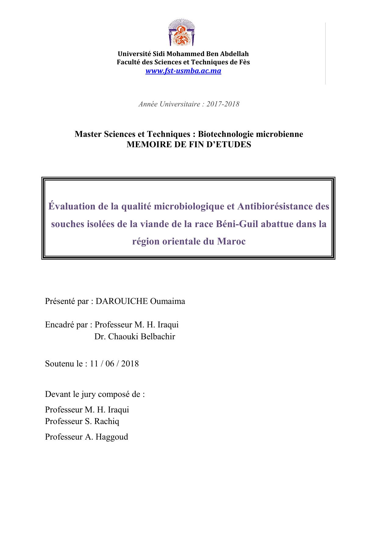 Évaluation de la qualité microbiologique et Antibiorésistance des souches isolées de la viande de la race Béni-Guil abattue dans la région orientale du Maroc