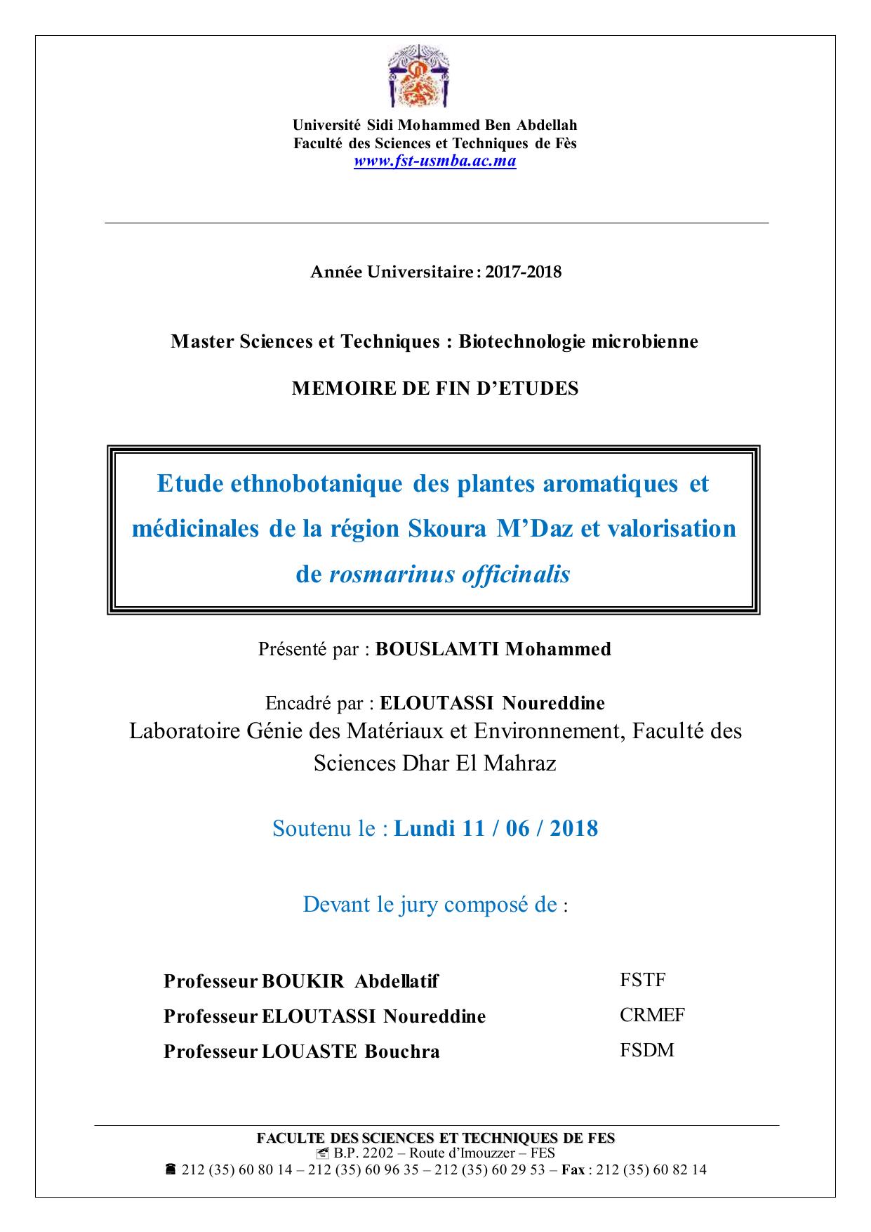 Etude ethnobotanique des plantes aromatiques et médicinales de la région Skoura M’Daz et valorisation de rosmarinus officinalis