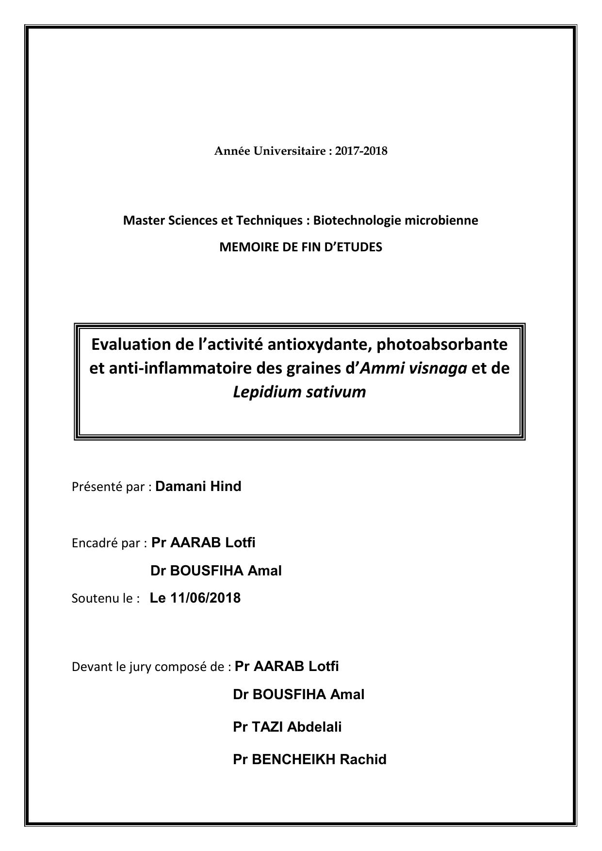 Evaluation de l’activité antioxydante, photoabsorbante et anti-inflammatoire des graines d’Ammi visnaga et de Lepidium sativum