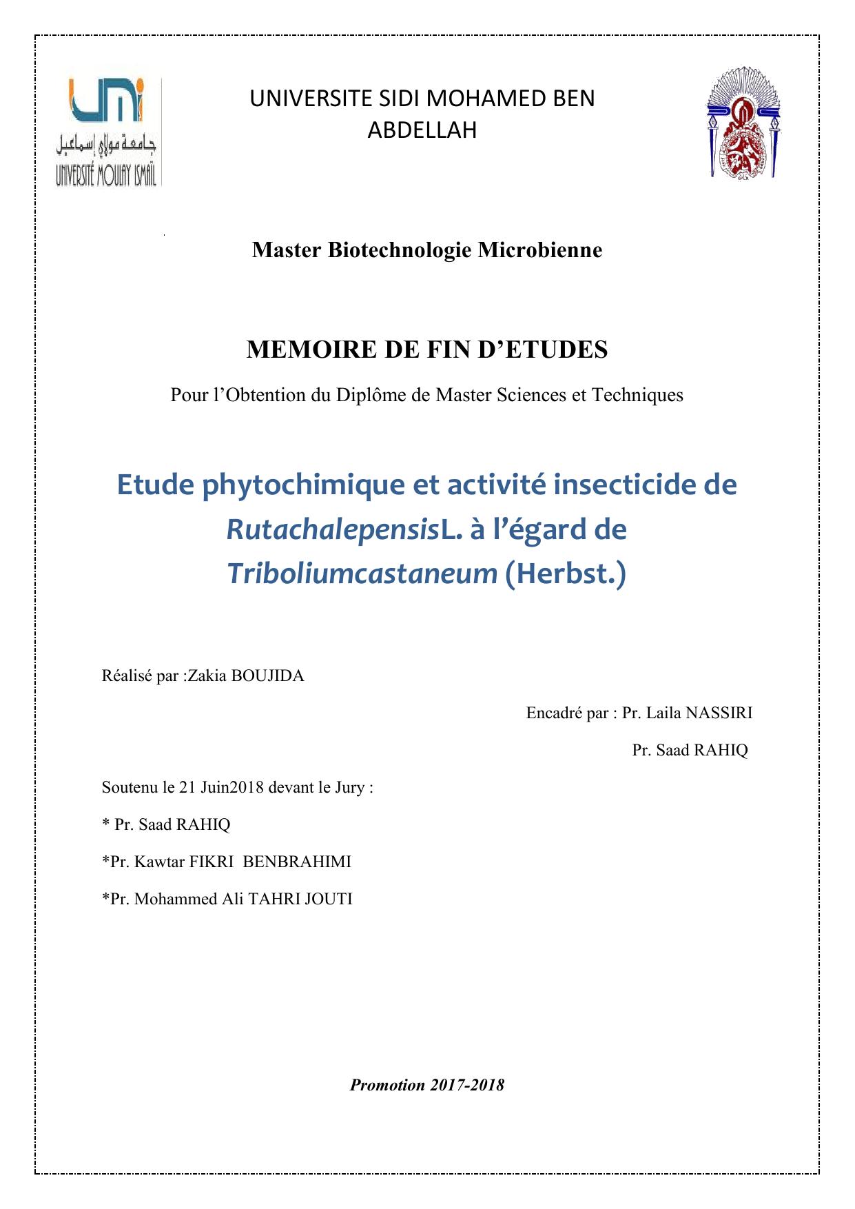 Etude phytochimique et activité insecticide de RutachalepensisL. à l’égard de Triboliumcastaneum (Herbst.)