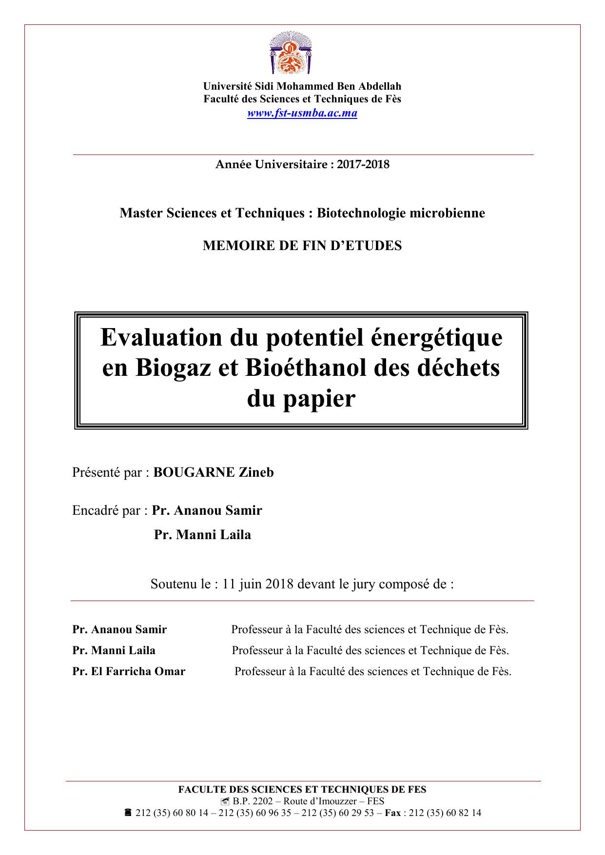 Evaluation du potentiel énergétique en Biogaz et Bioéthanol des déchets du papier