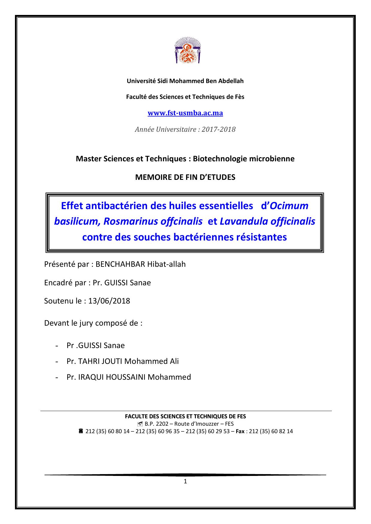 Effet antibactérien des huiles essentielles d’Ocimum basilicum, Rosmarinus offcinalis et Lavandula officinalis contre des souches bactériennes résistantes