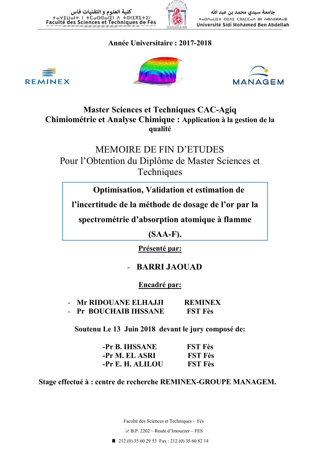 Optimisation, Validation et estimation de l’incertitude de la méthode de dosage de l’or par la spectrométrie d’absorption atomique à flamme (SAA-F)