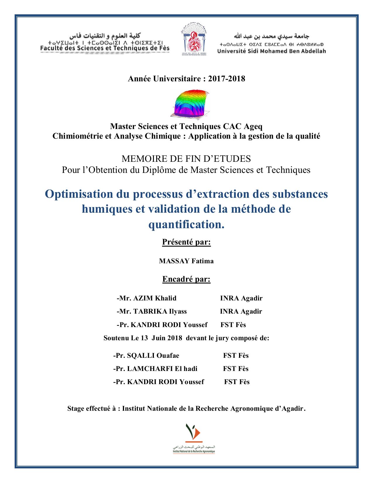 Optimisation du processus d’extraction des substances humiques et validation de la méthode de quantification