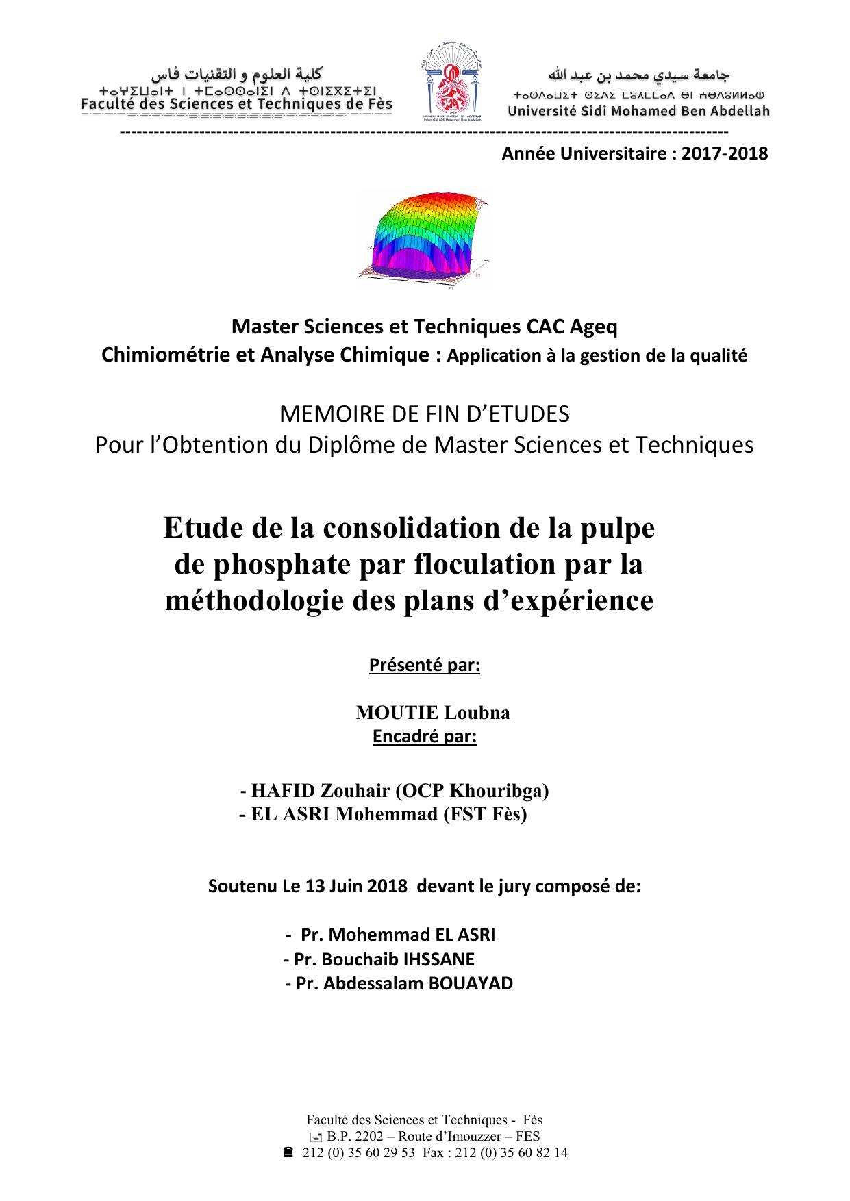 Etude de la consolidation de la pulpe de phosphate par floculation par la méthodologie des plans d’expérience