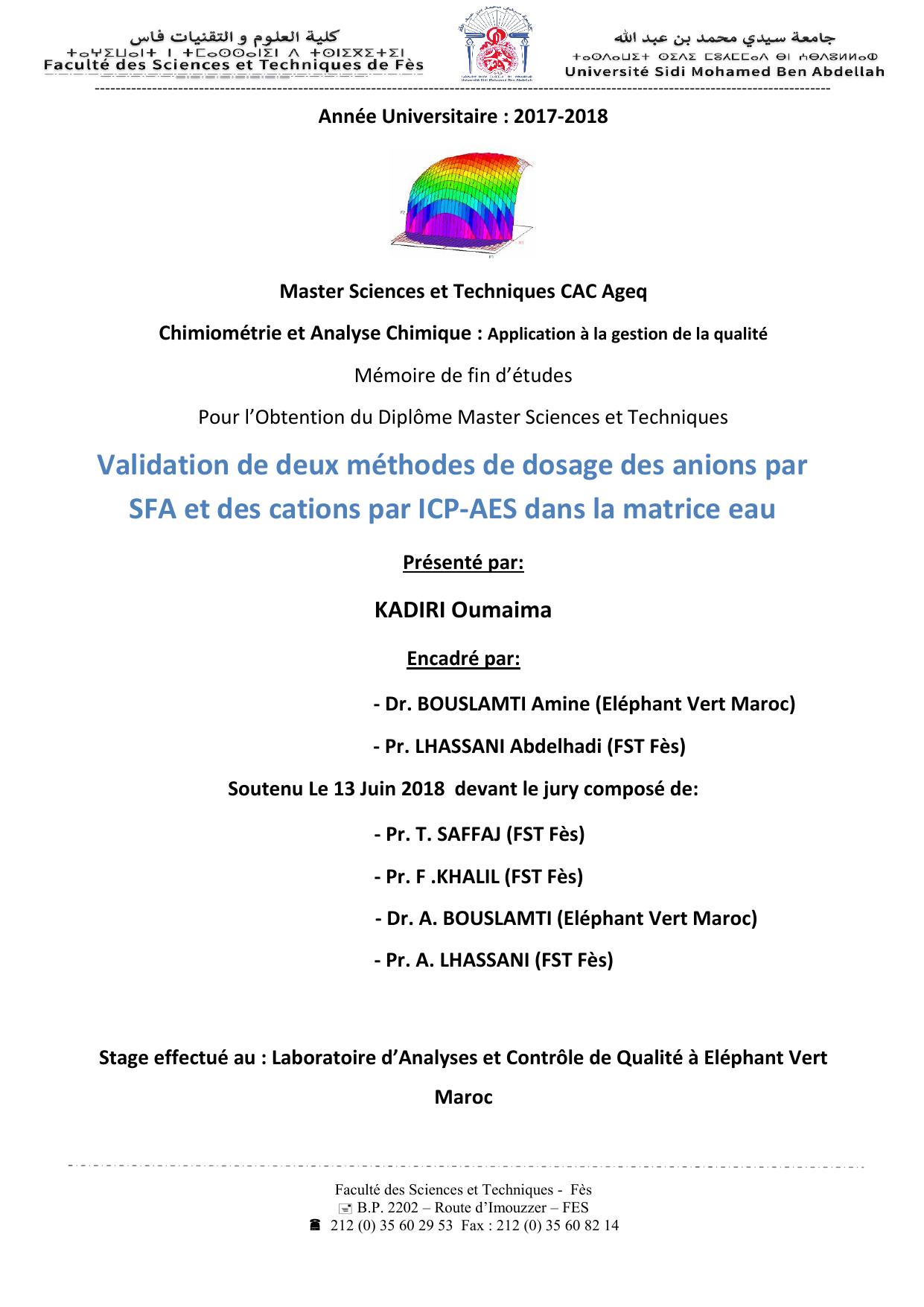 Validation de deux méthodes de dosage des anions par SFA et des cations par ICP-AES dans la matrice eau