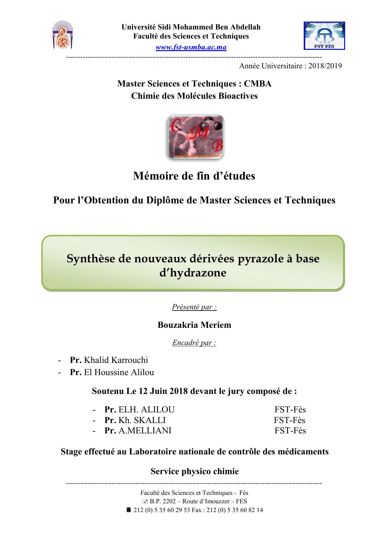 Synthèse de nouveaux dérivées pyrazole à base d’hydrazone